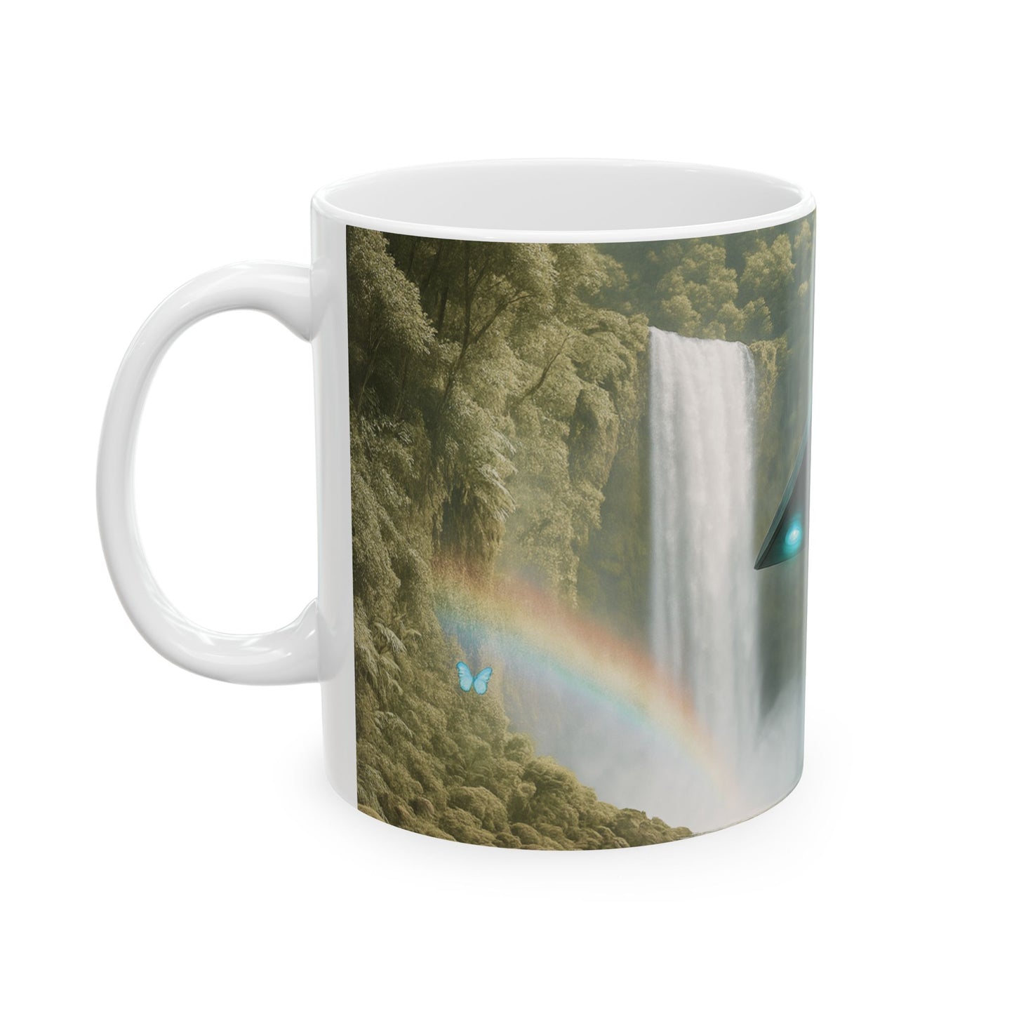 UFO and Waterfall Ceramic Mug - Colorful Coffee Cup for Morning Motivation