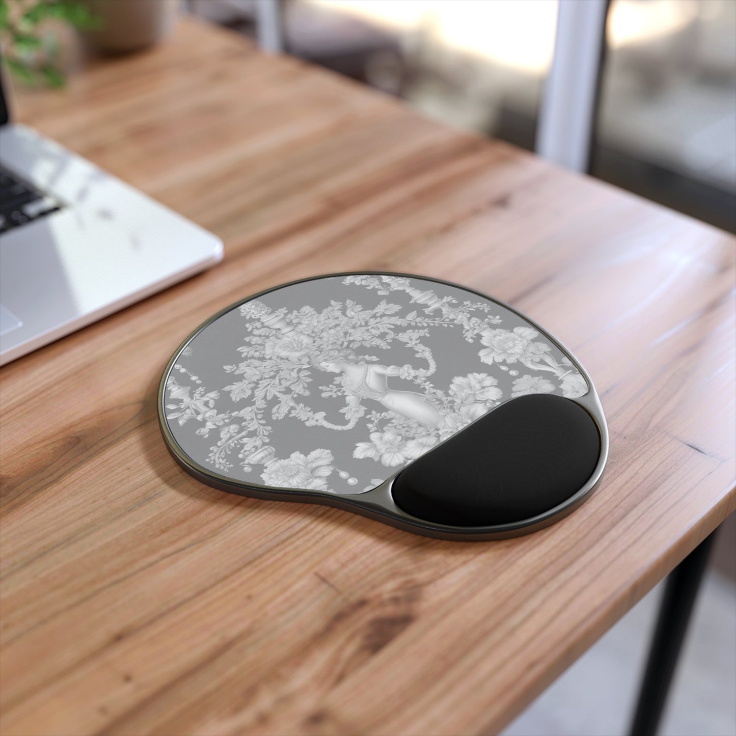 Mouse Pad With Wrist Rest, Pearl Lady Toile, Slate