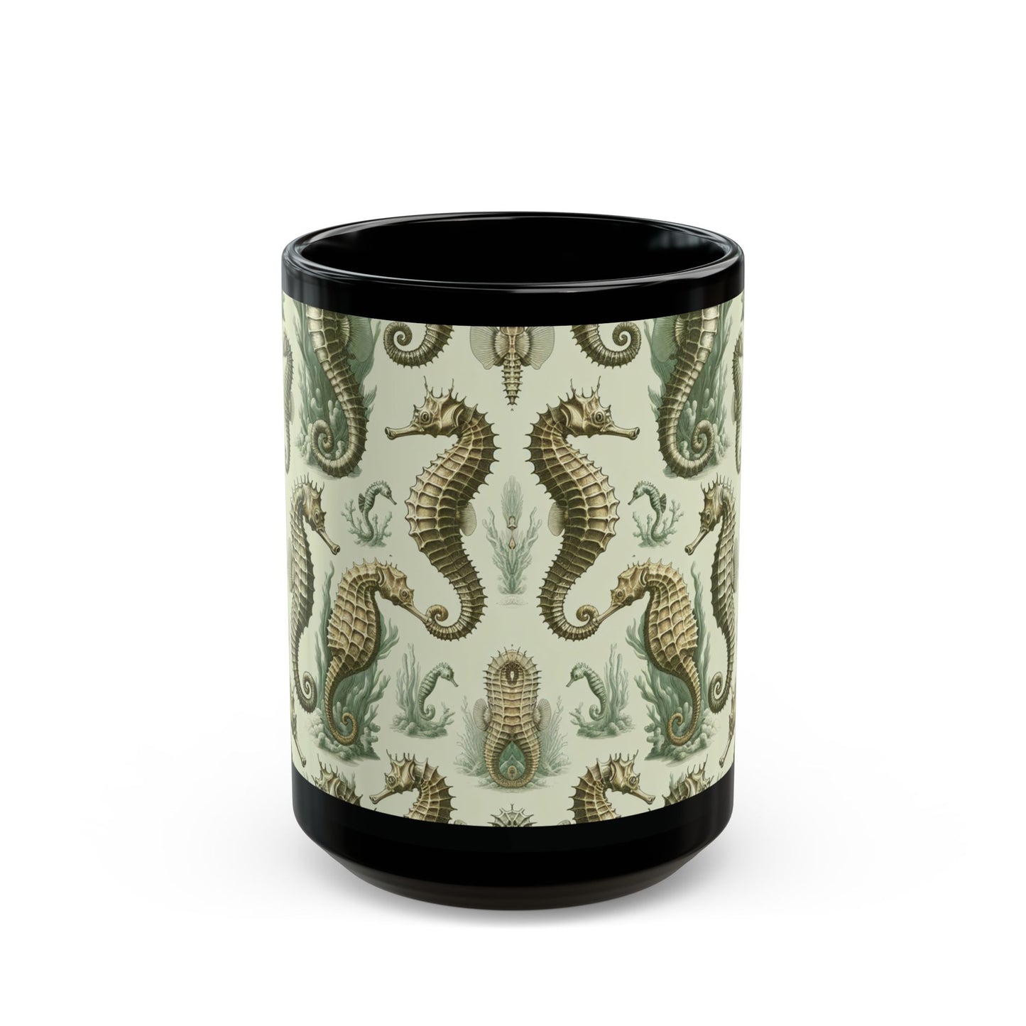 Black Coffee Mug - Green Toile Seahorses