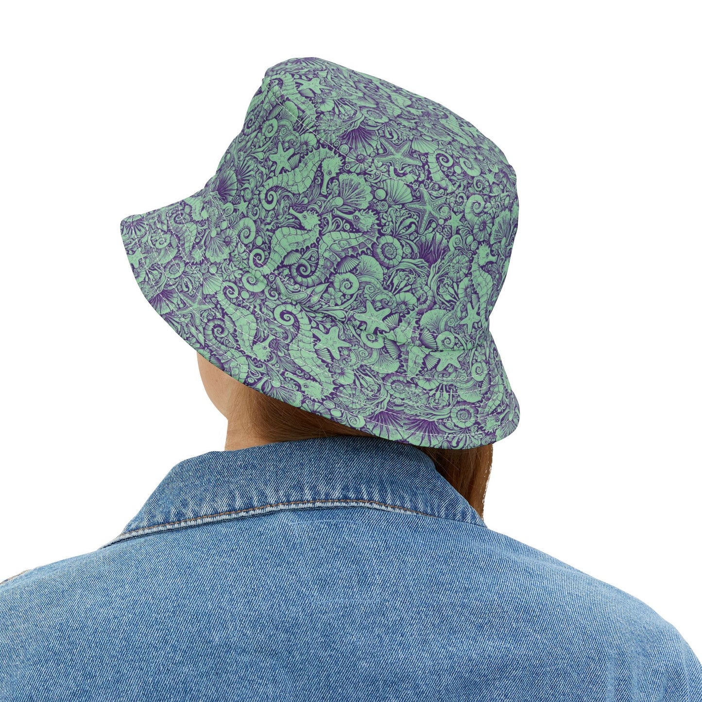 Tropical Polyester Bucket Hat, 2 Sizes - Seahorses Minty