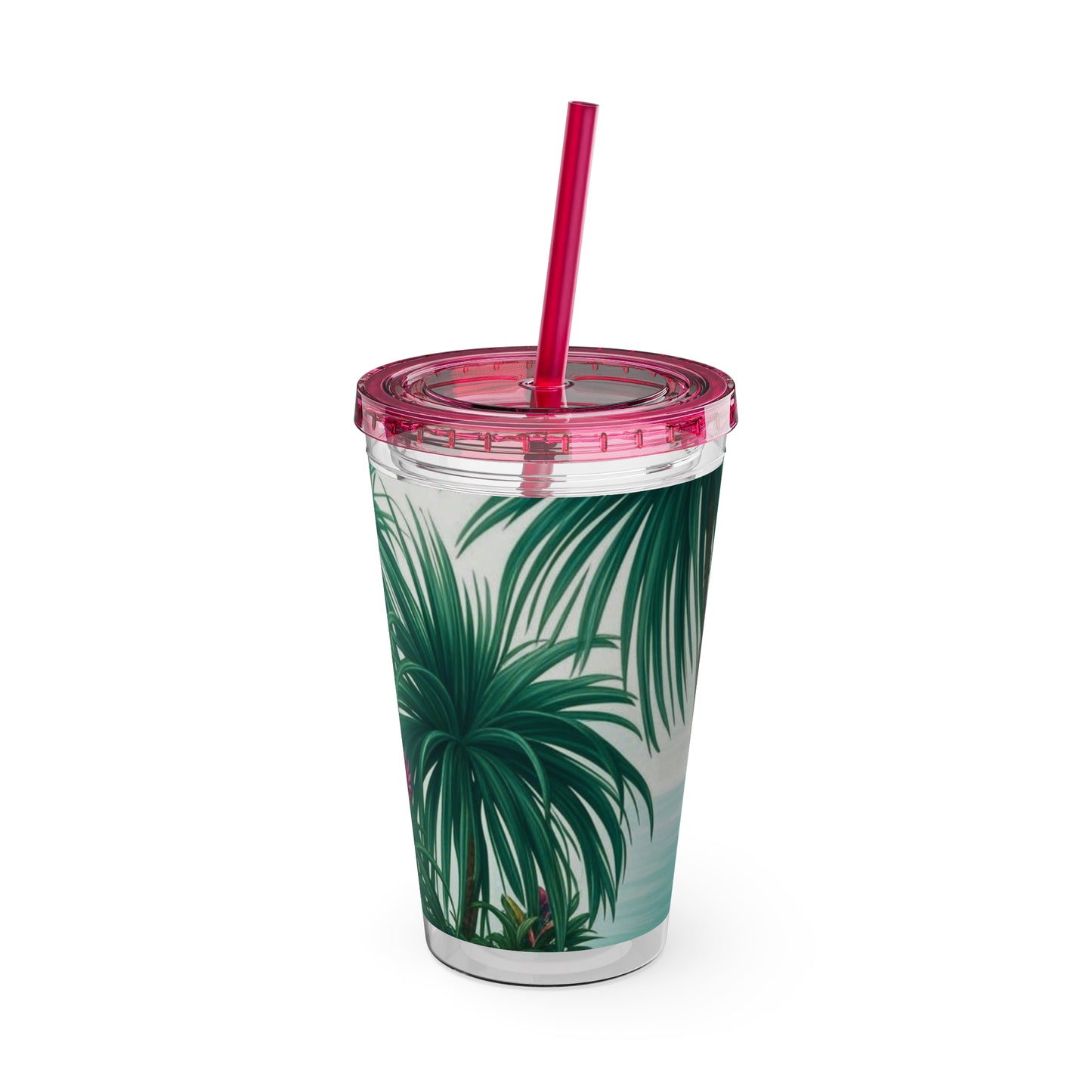 Tropical Tumbler with Straw | 16oz Colorful Travel Cup / Tiny Palm Island