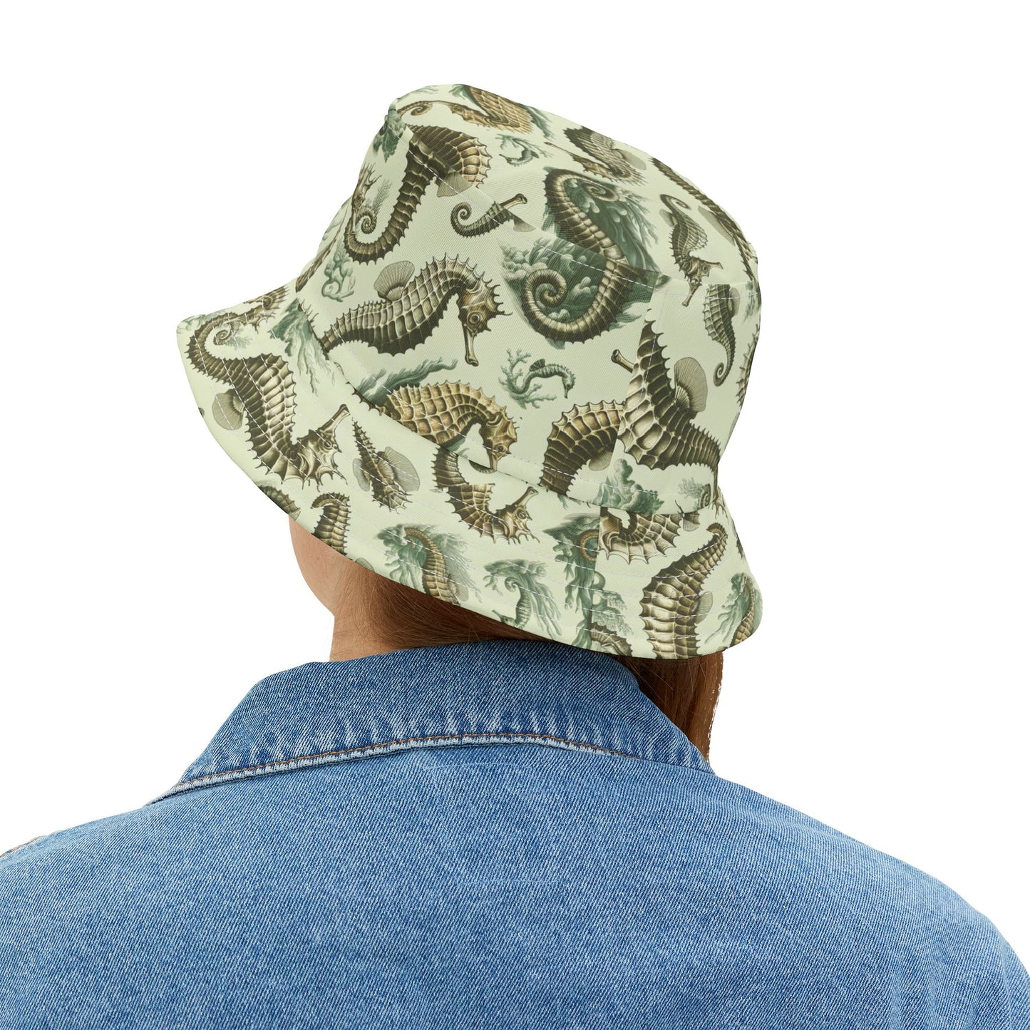 Tropical Polyester Bucket Hat, 2 Sizes - Green Toile Seahorses