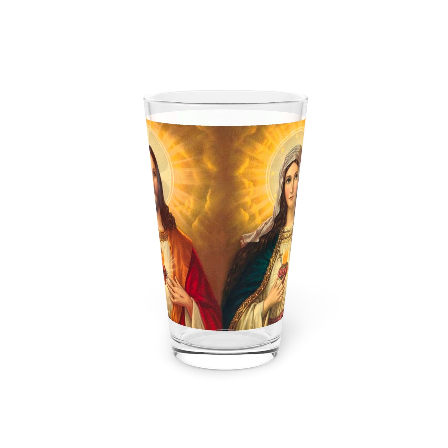 Religious Pint Glass, 16oz, Tropical Glow Jesus and Mary