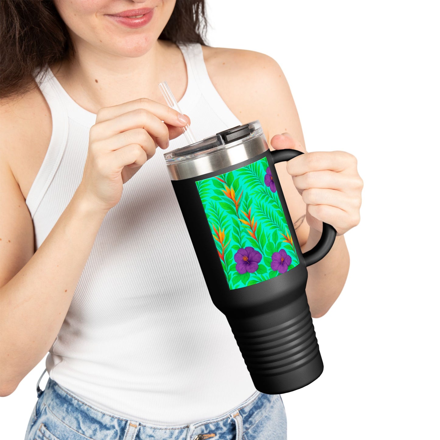 Midnight Flower Green Insulated Travel Mug - 40oz - Perfect for Outdoor Adventures