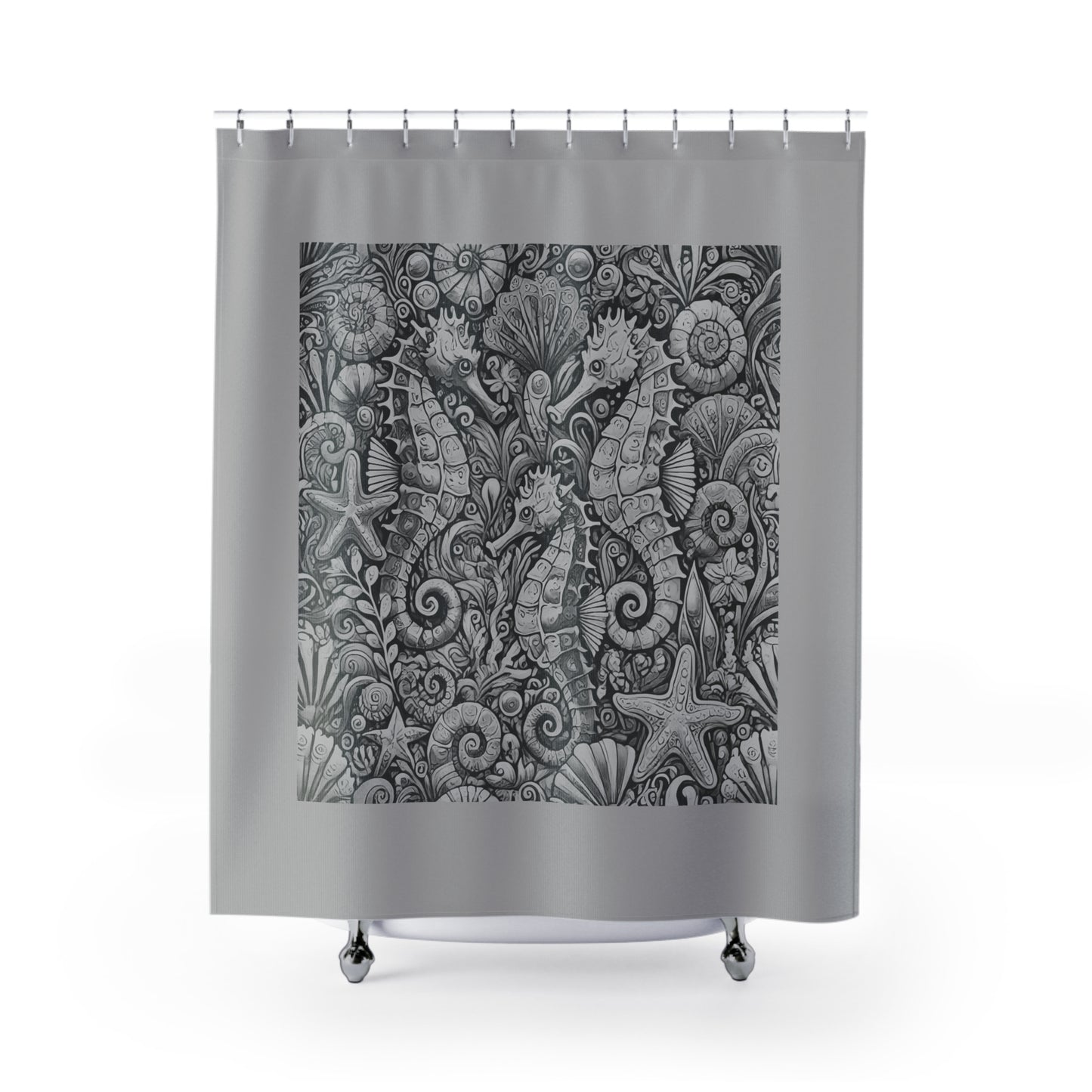 Tropical Shower Curtain - Ocean Bathroom Decor / Seahorse Trio Noir/Lt. Grey