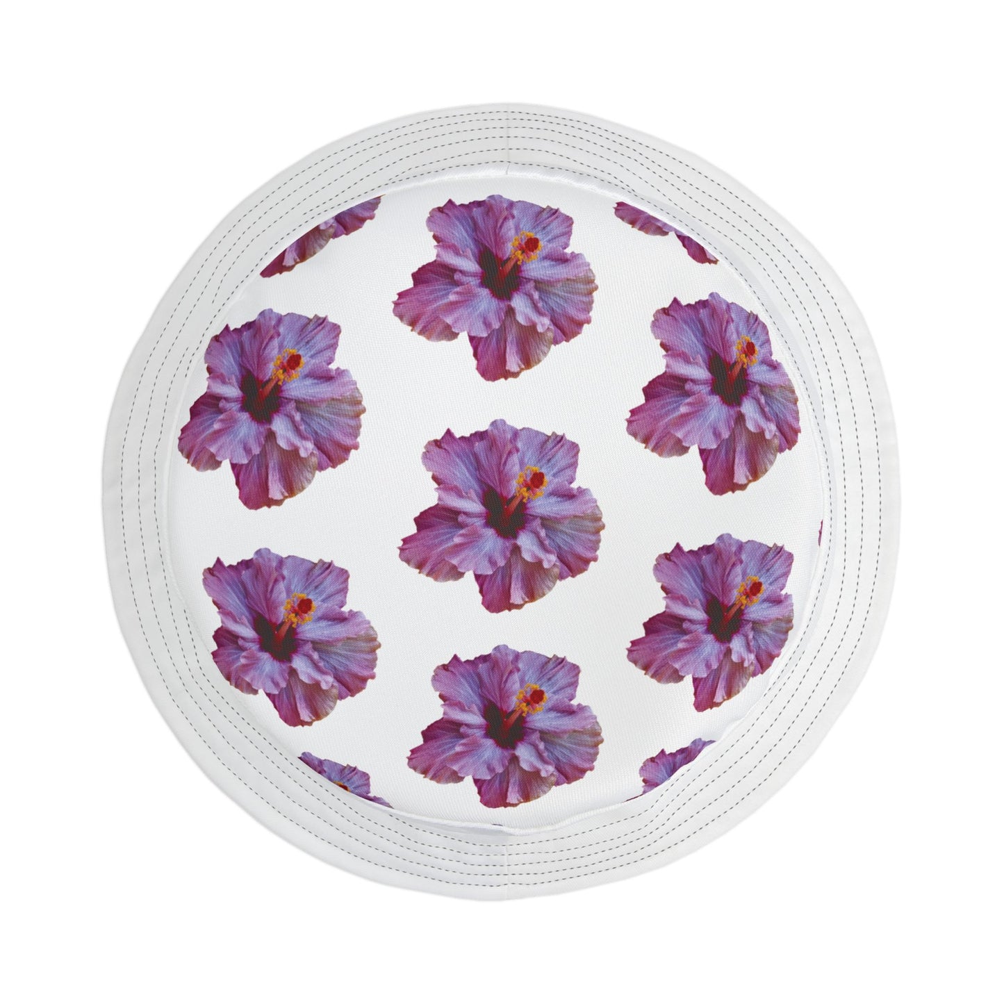 Tropical Polyester Bucket Hat, 2 Sizes - Purple Hibiscus/White