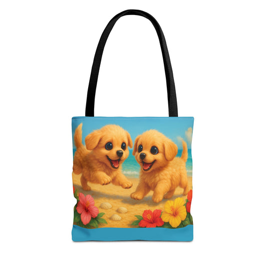 Two Puppies on Beach Tote Bag - 3 Sizes