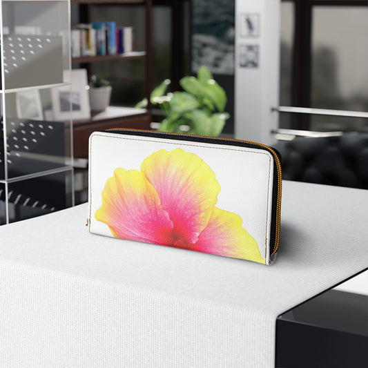 Tropical Zipper Wallet, Faux Leather / Vibrant Clutch / Sunset Hibiscus, White