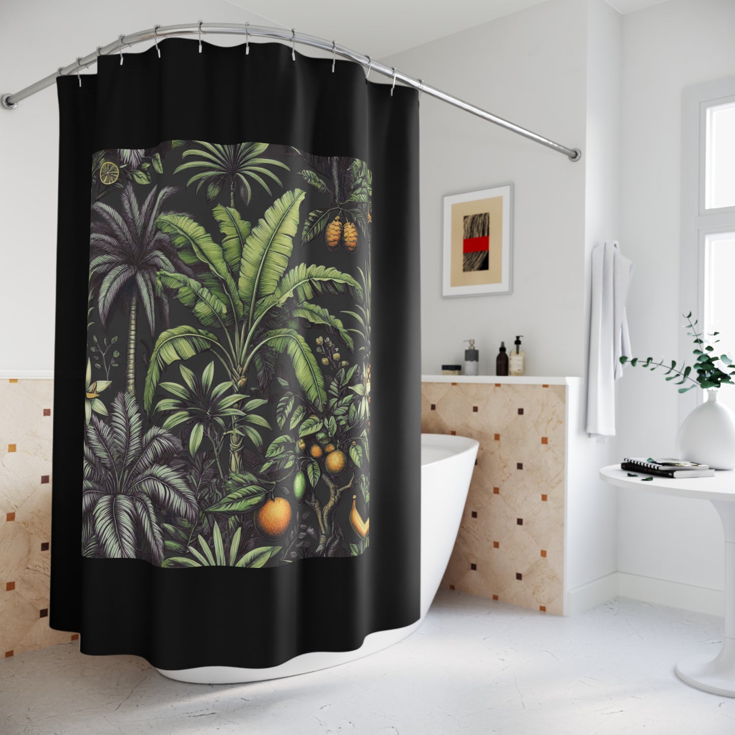Palm Tree Shower Curtain - Ocean Bathroom Decor / Tropical Fruit/Black, Black