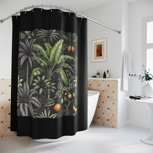 Palm Tree Shower Curtain - Ocean Bathroom Decor / Tropical Fruit/Black, Black
