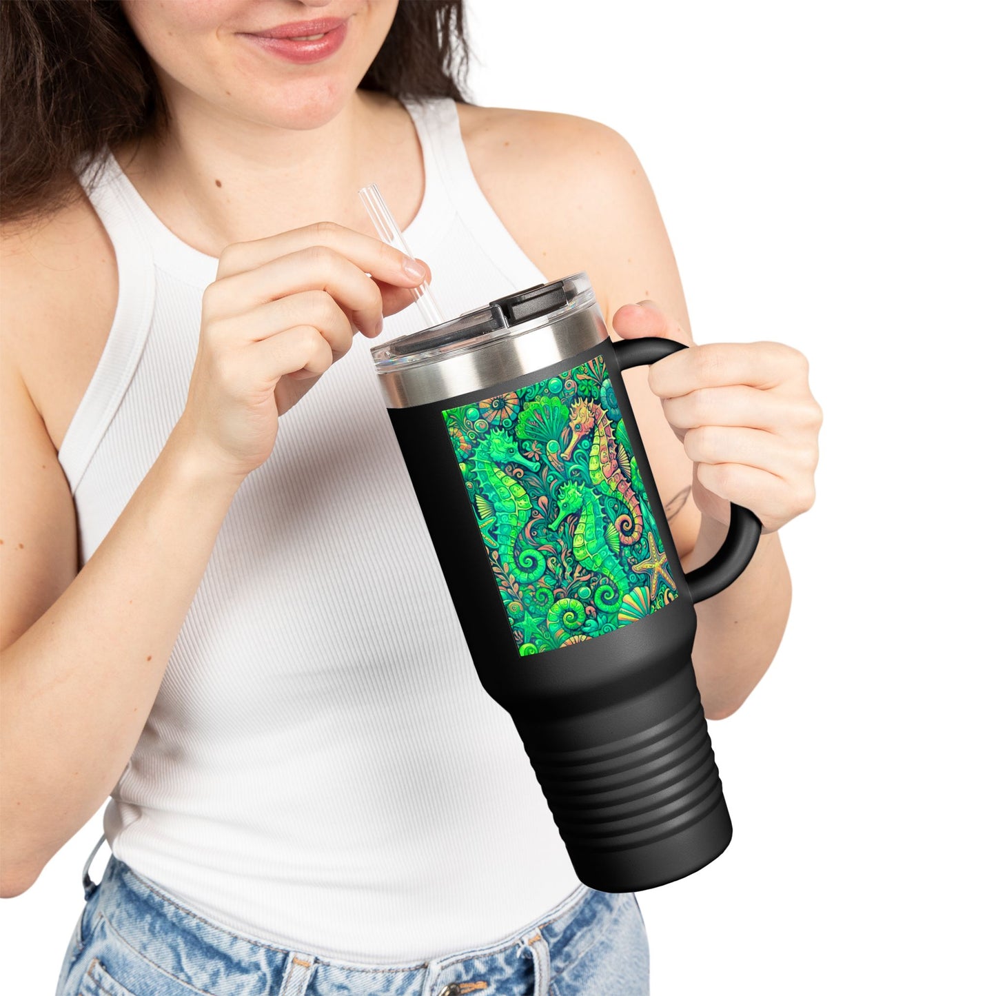 Seahorses Lime Insulated Travel Mug - 40oz - Perfect for Outdoor Adventures