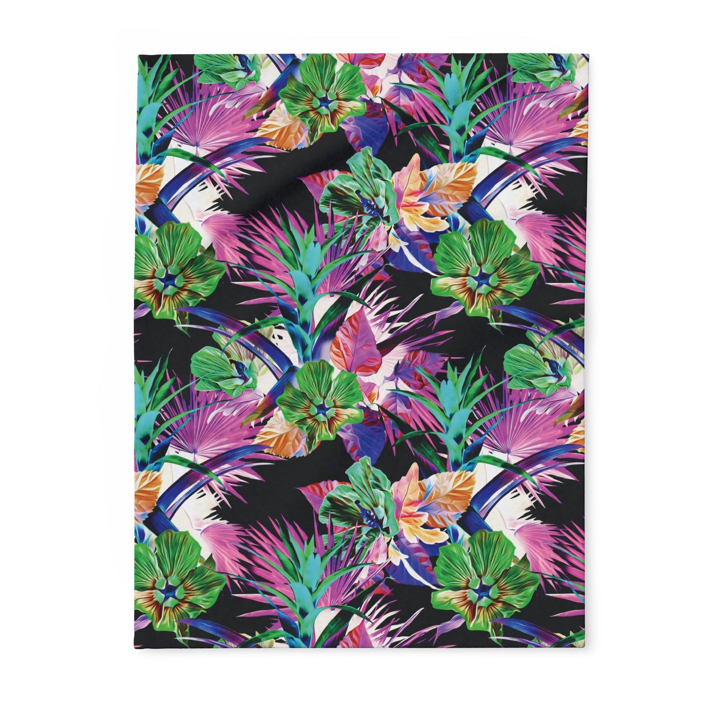 Black Plant Palooza Fleece Blanket - Colorful Tropical Botanical Design