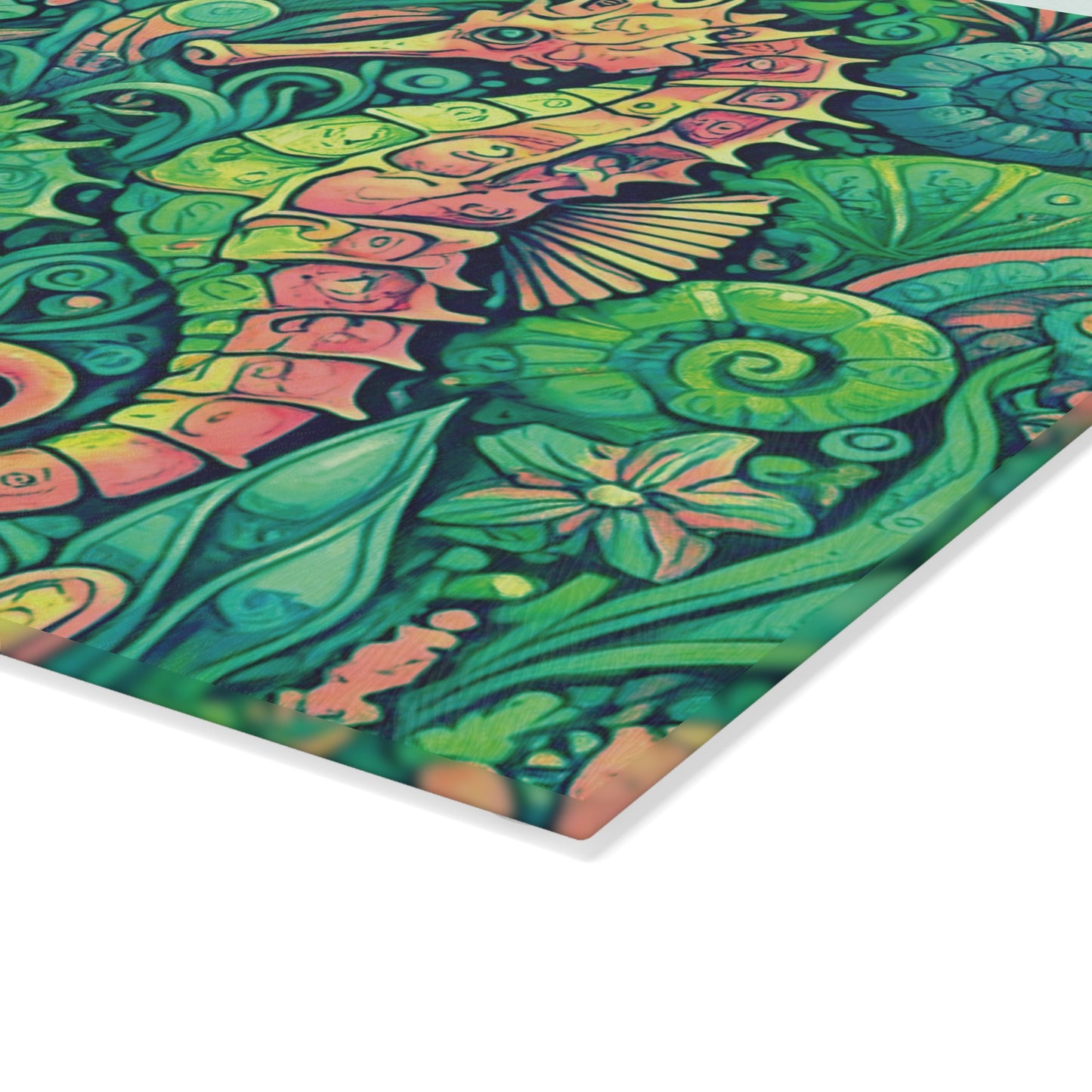 Glass Cutting Board, 2 sizes - Seahorses, Lime
