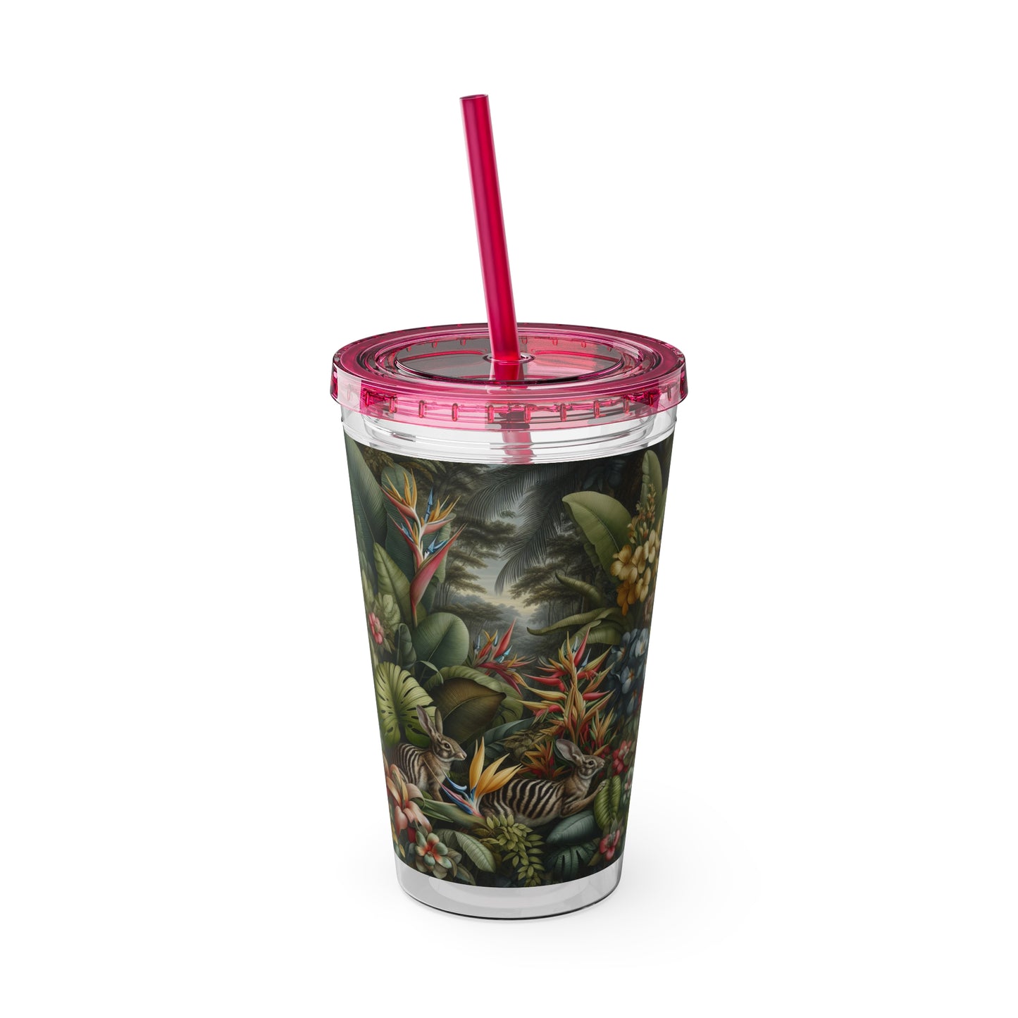 Tropical Tumbler with Straw | 16oz Colorful Travel Cup / Rainforest Rabbit Outing