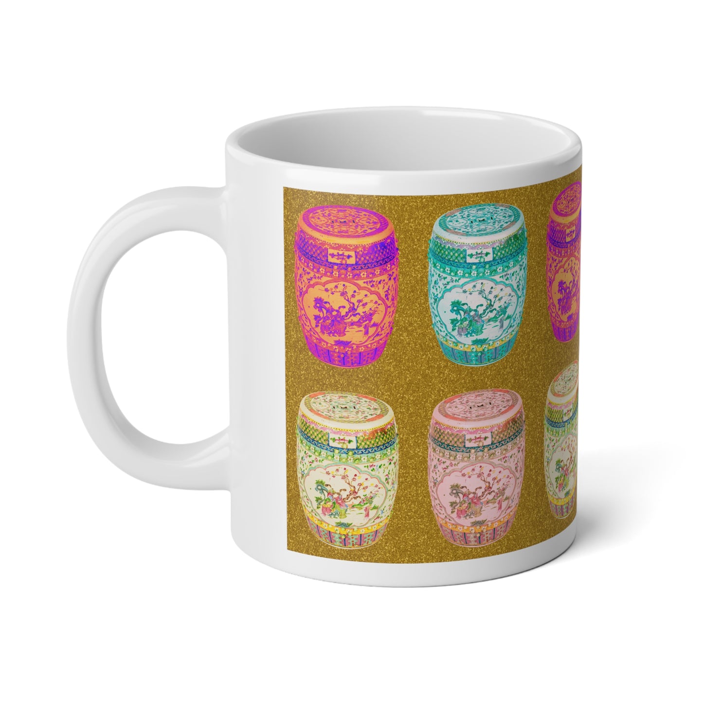 Jumbo Mug, 20oz, Pop Art Porcelain Stools, Gold | Tropical Coffee Cup
