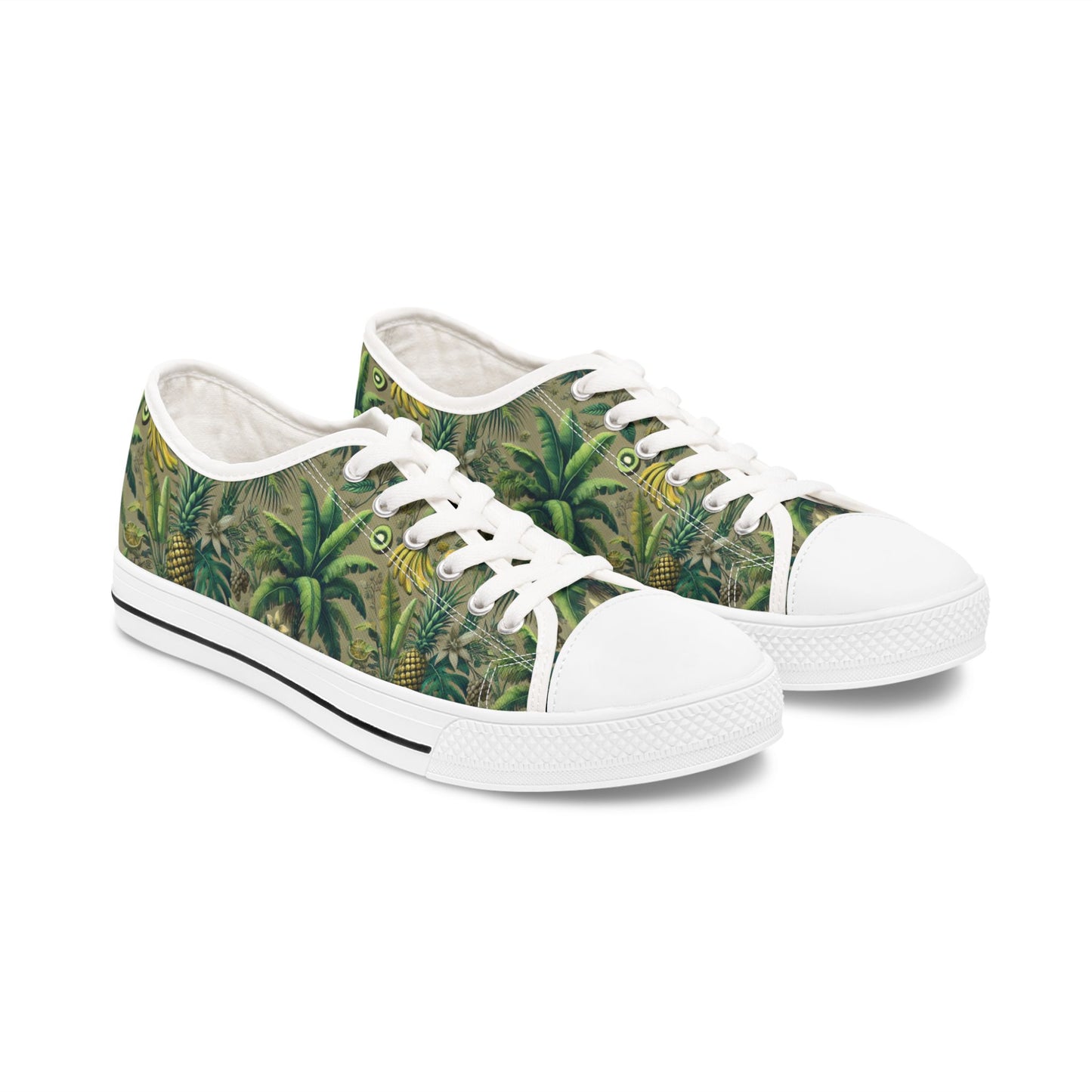 Stylish Women's Low Top Sneakers - Trendy Tropical Casual Footwear for Everyday Wear / Palms and Tropical Fruit/Taupe