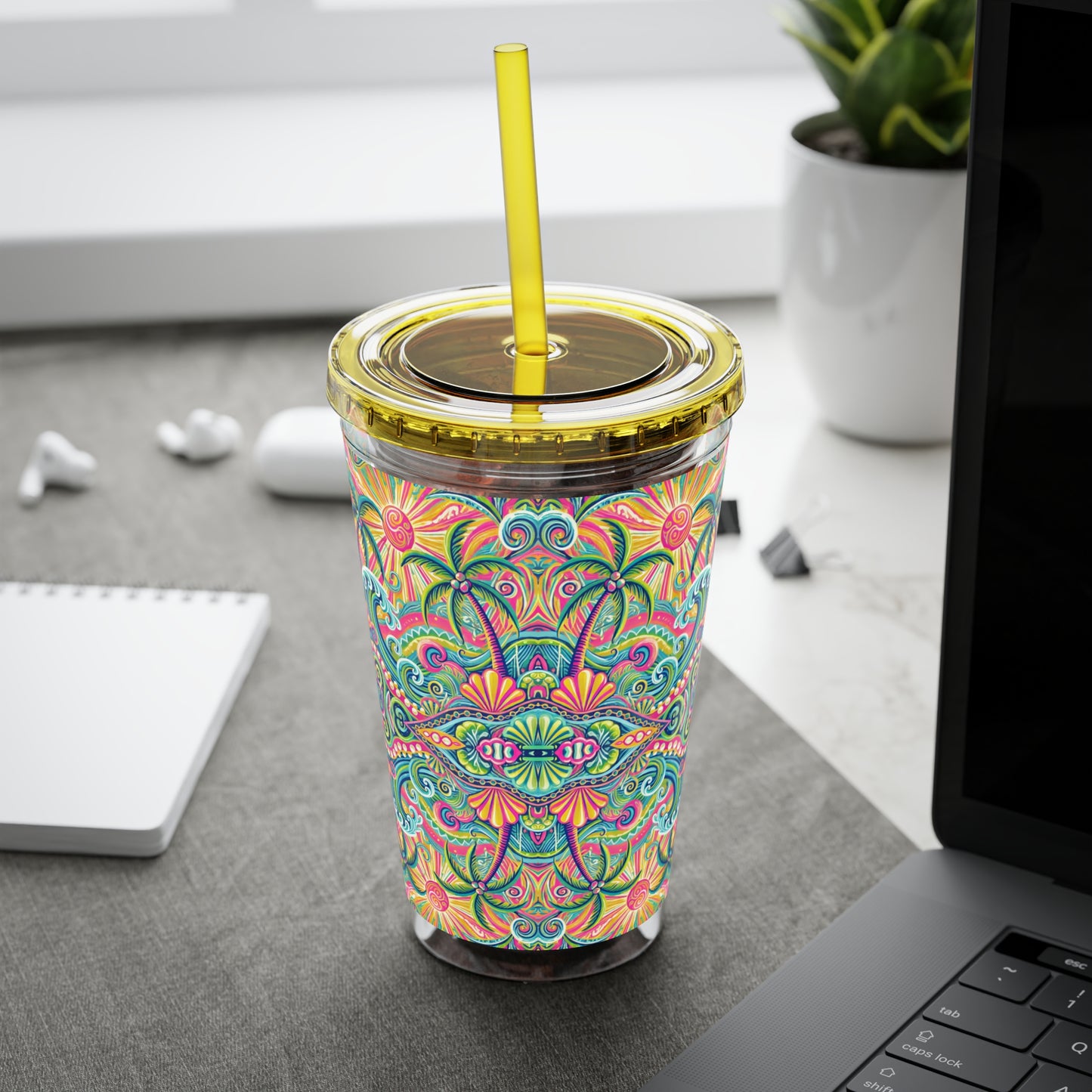 Tropical Tumbler with Straw | 16oz Colorful Travel Cup / Kaleido Bay