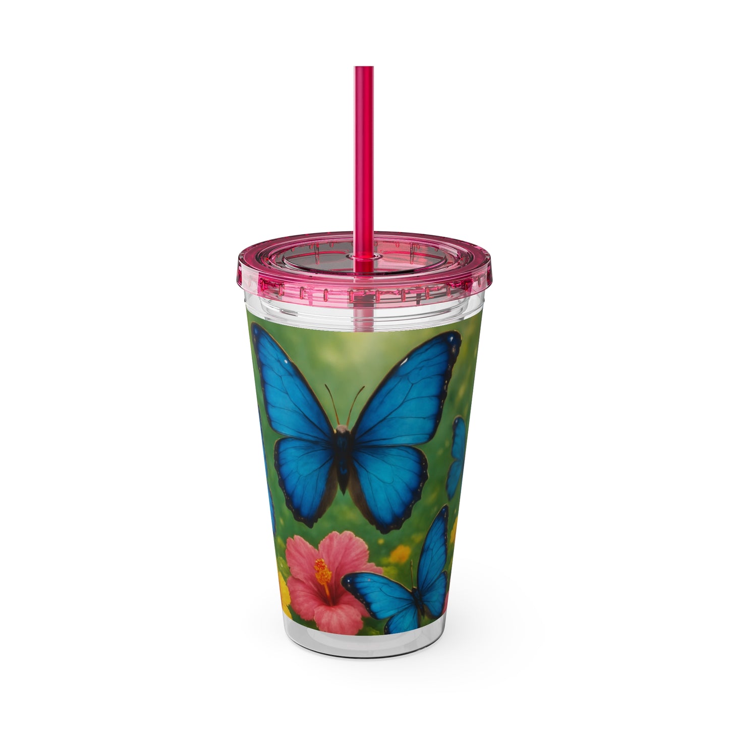 Tropical Tumbler with Straw | 16oz Colorful Travel Cup / Morpho Butterflies Flight