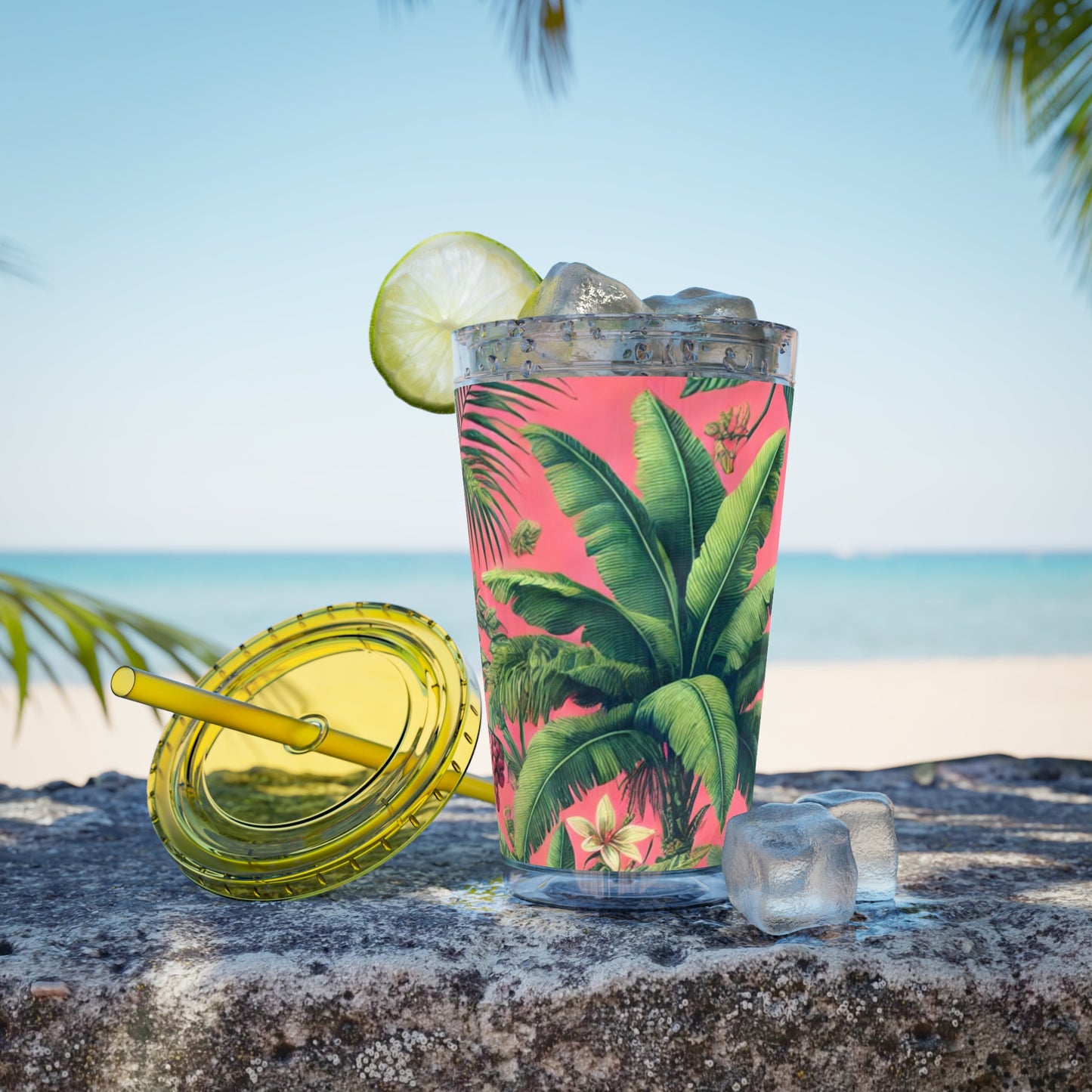 Tropical Tumbler with Straw | 16oz Colorful Travel Cup / More Tropical Fruit, Coral