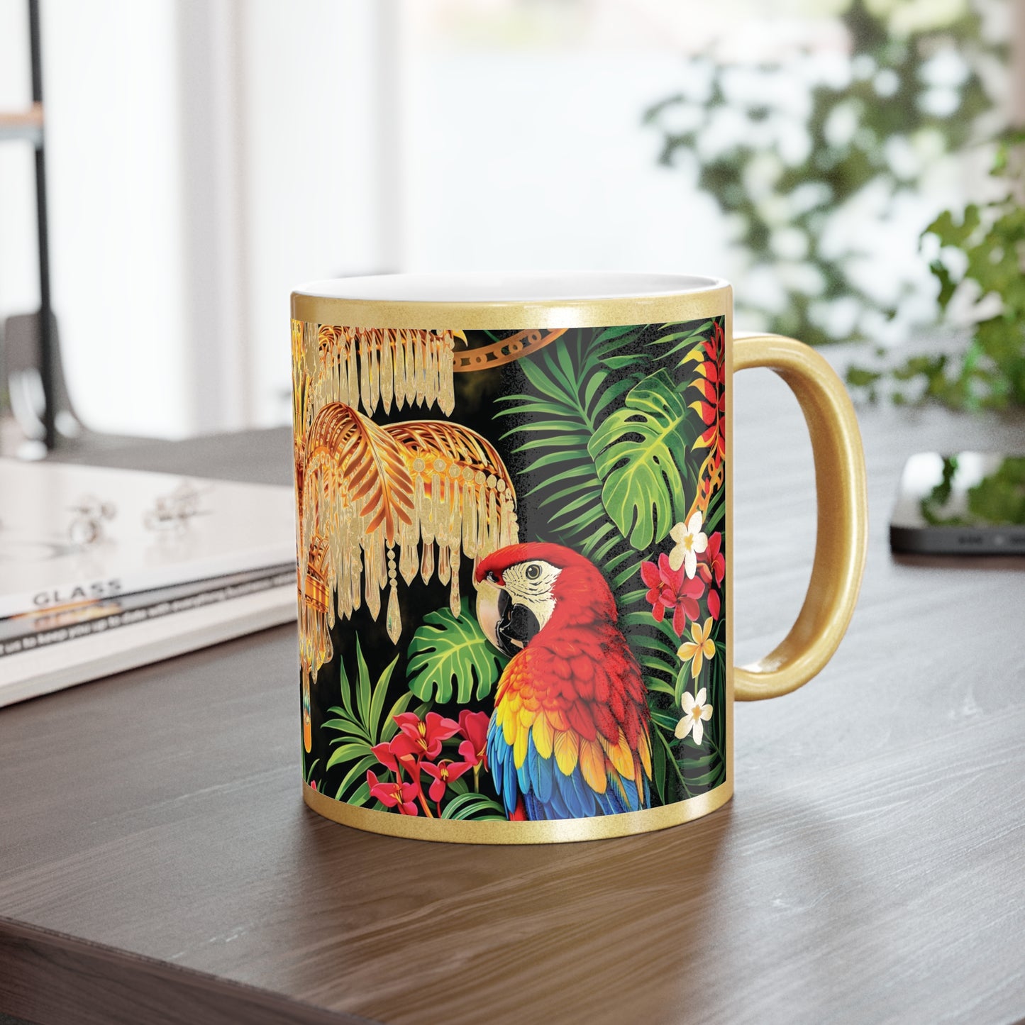 Tropical Chandelier Metallic Mug — Gold & Silver Floral Travel Coffee Cup