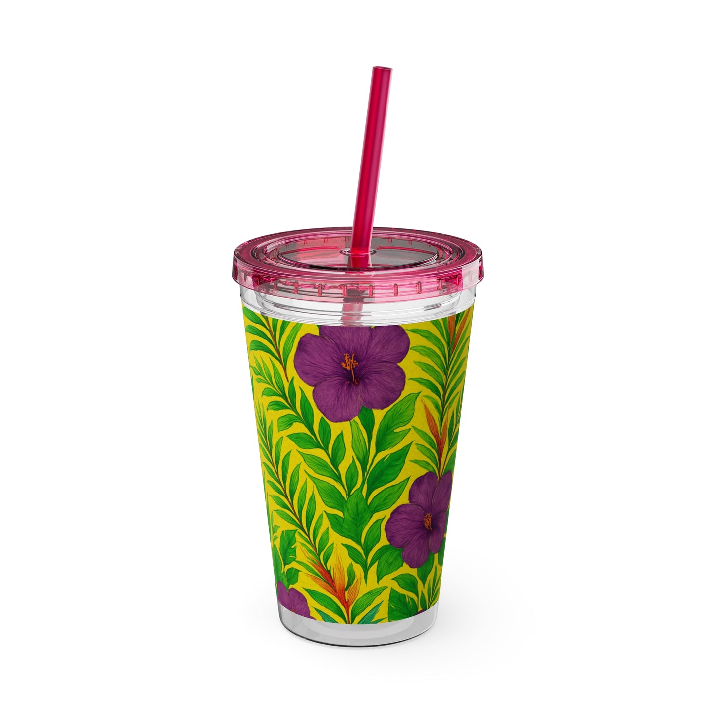 Tropical Tumbler with Straw | 16oz Colorful Travel Cup / Midnight Flower Yellow