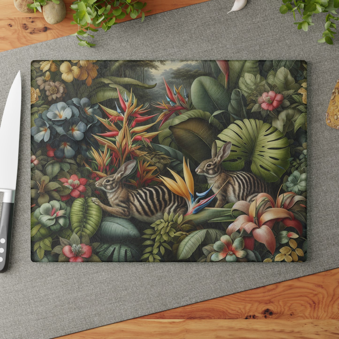 Glass Cutting Board, 2 sizes - Rainforest Rabbit Outing