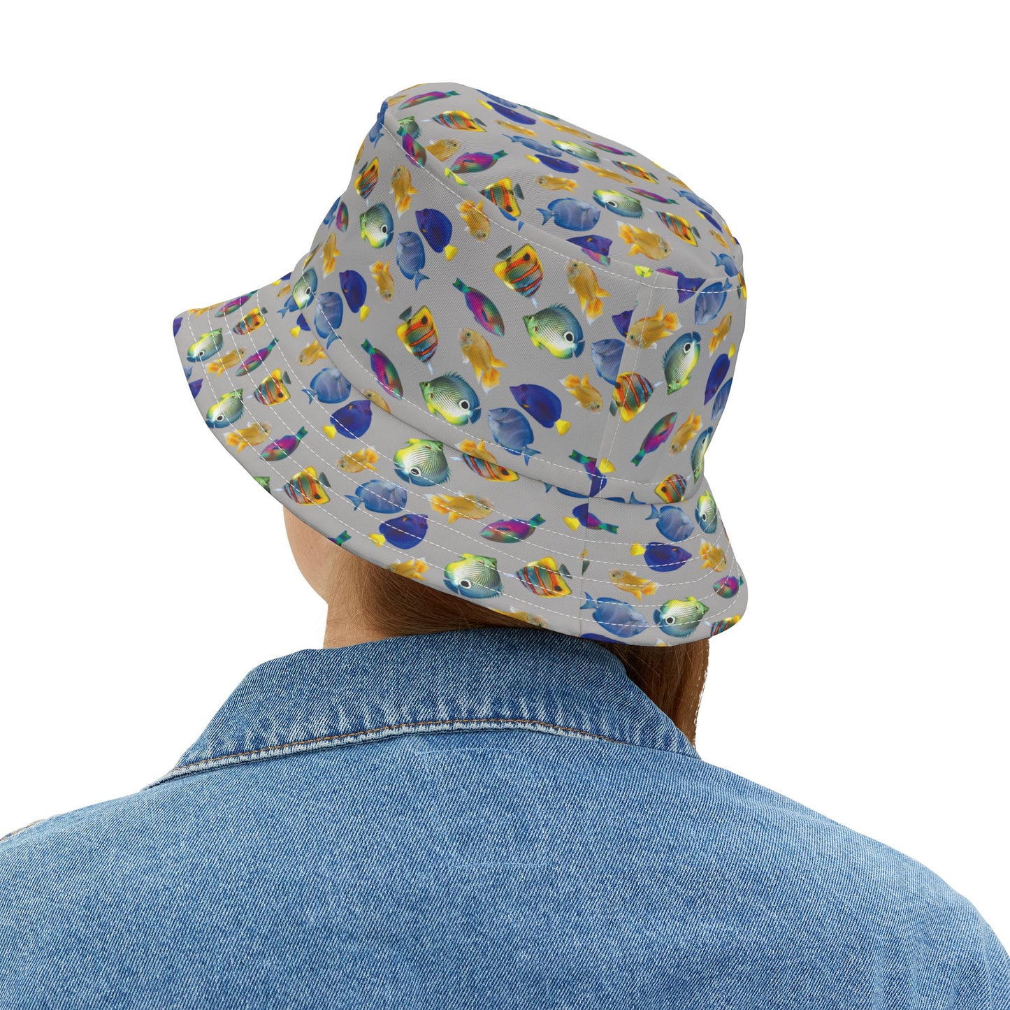 Tropical Polyester Bucket Hat, 2 Sizes - School of Fish / Light Grey