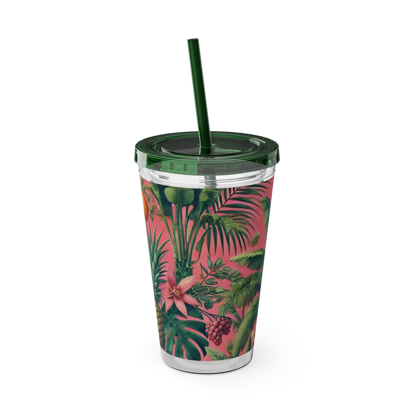 Tropical Tumbler with Straw | 16oz Colorful Travel Cup / More Tropical Fruit, Coral