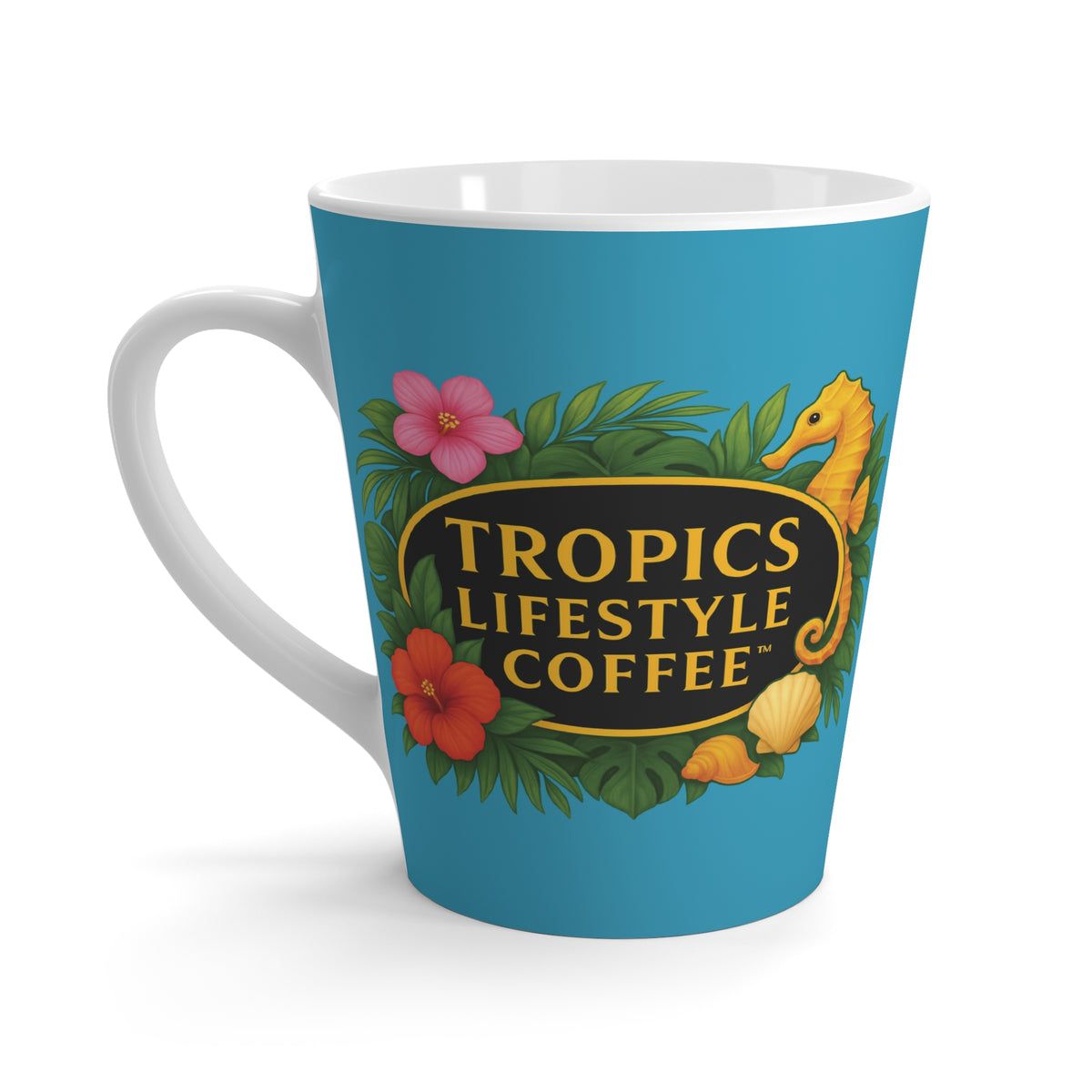 Latte White Mug - Seahorse Fantasy, Turquoise / TLCoffee Logo
