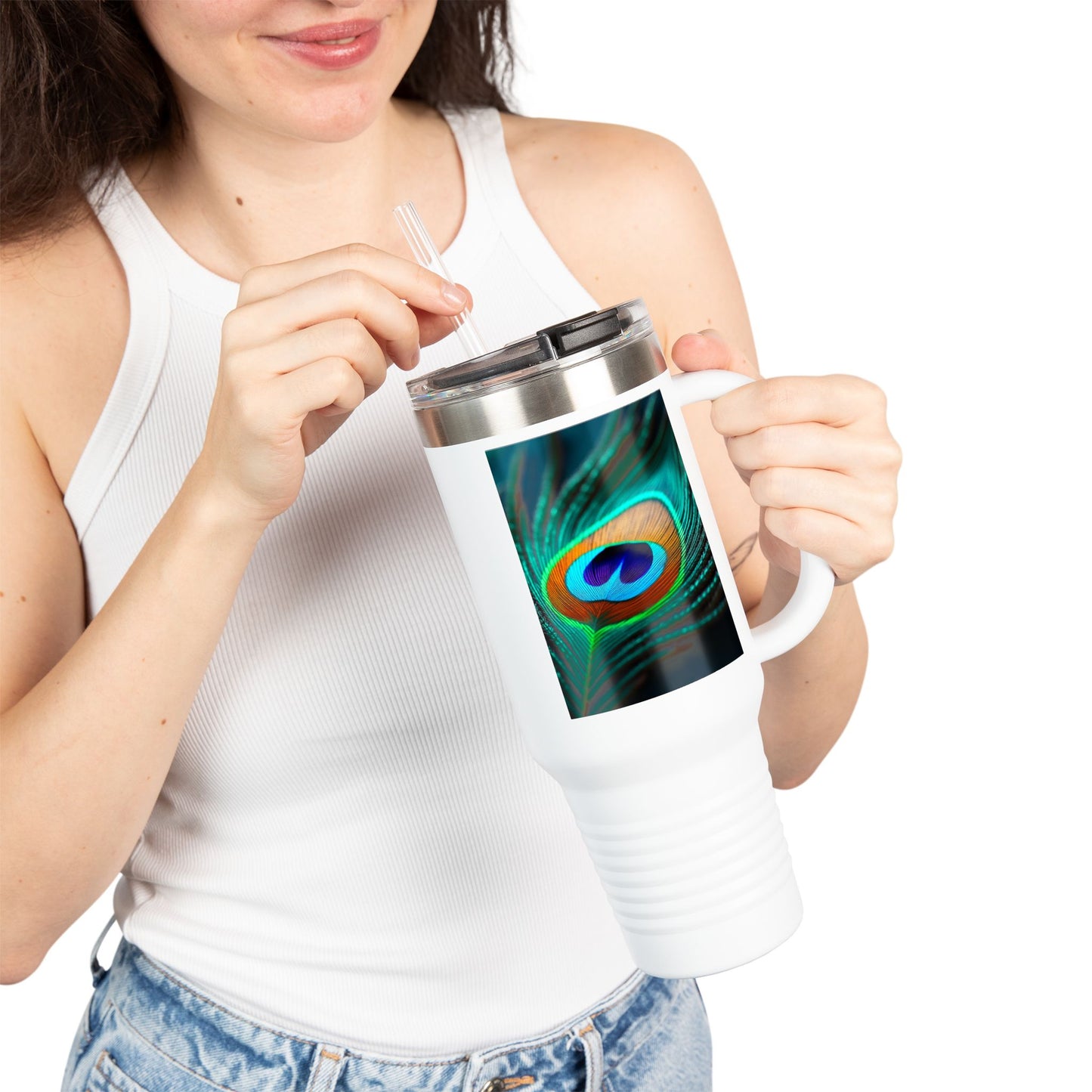 Insulated Travel Mug, 40oz / Peacock Eye Feather, Turquoise- Perfect for Outdoor Adventures