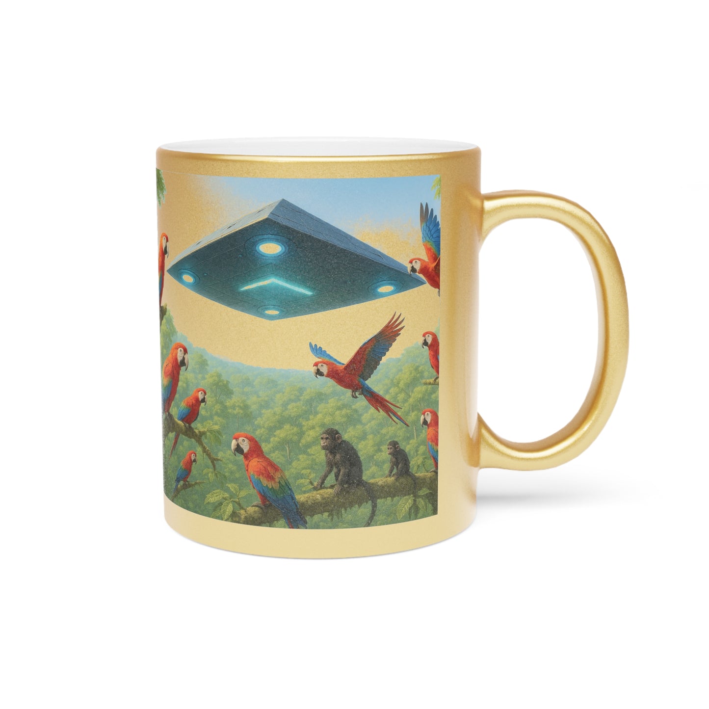 Tropical Metallic Mug, Gold or Silver: UFO and Parrots