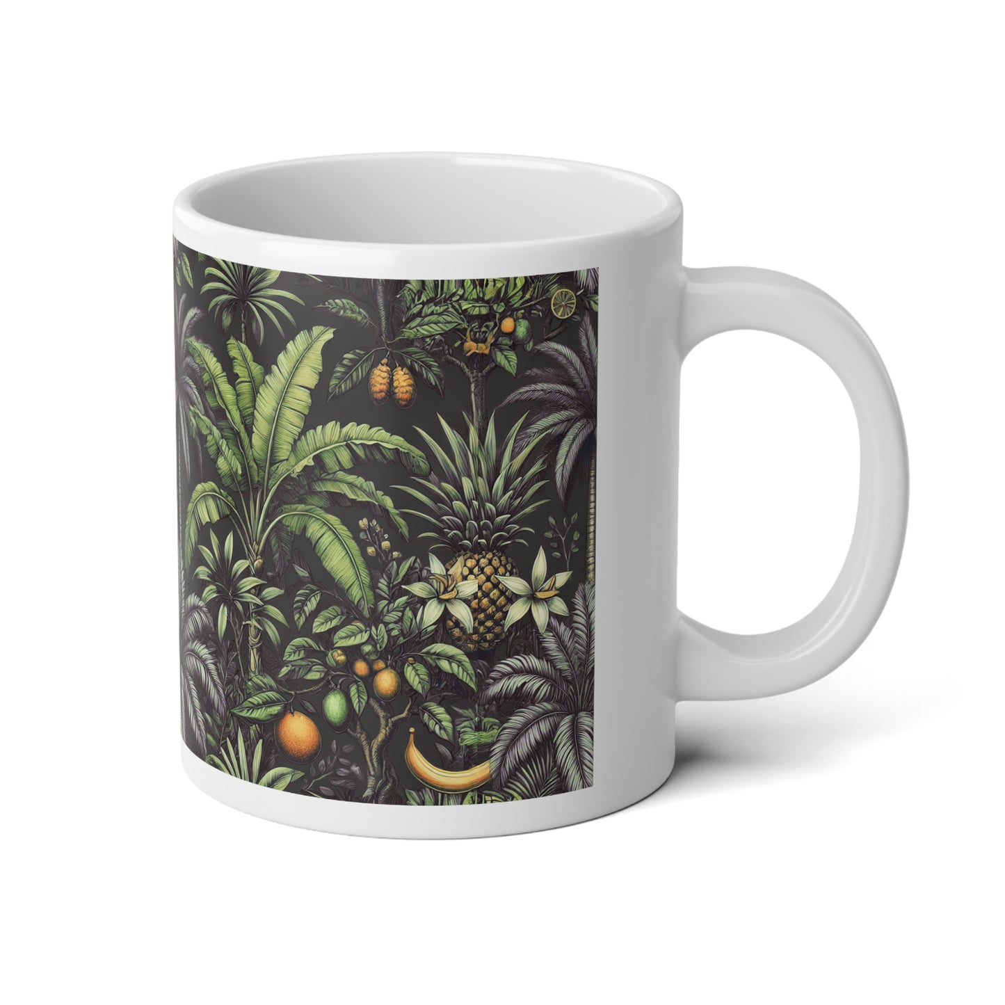 Jumbo Mug, 20oz, Monet Seashells | Palms & More Tropical Fruit, Black