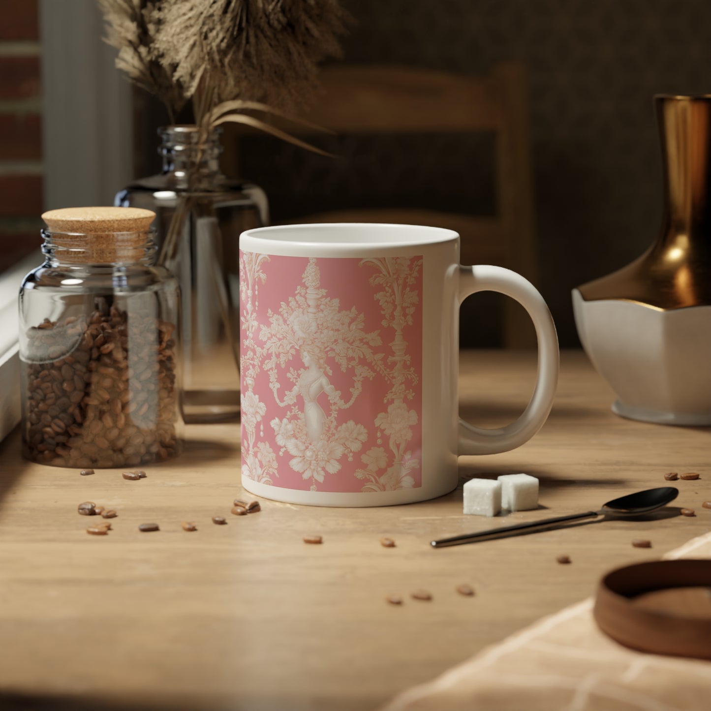 Jumbo Mug, 20oz, Pearl Lady Toile, Hibiscus Pink | Tropical Coffee Cup