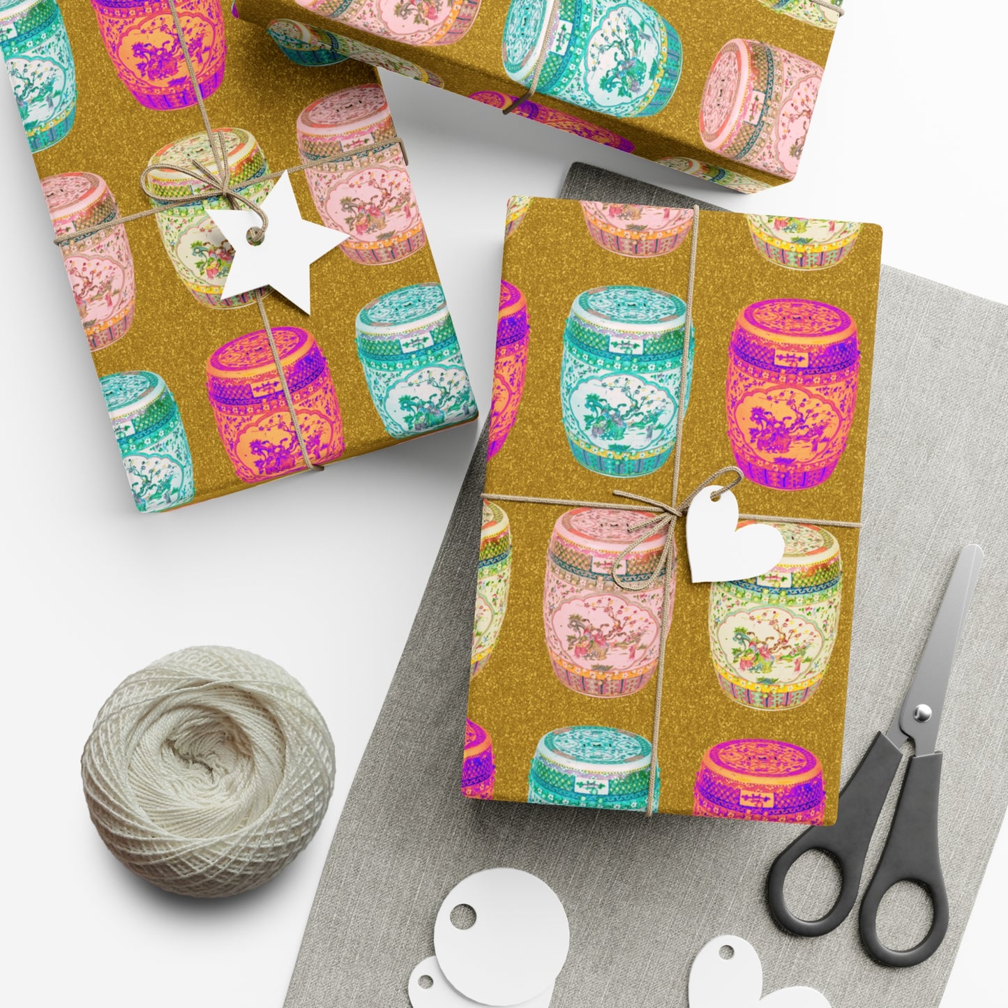 Wrapping Paper - Tropical Gift Wrap for All Occasions / 3 Sizes, 2 Finishes /Pop Art Porcelain Stools, Gold