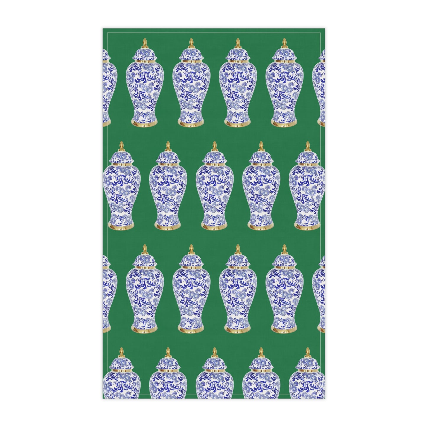 Tea Towels (cotton, poly), Blue and Gold Ginger Jar repeat dark green