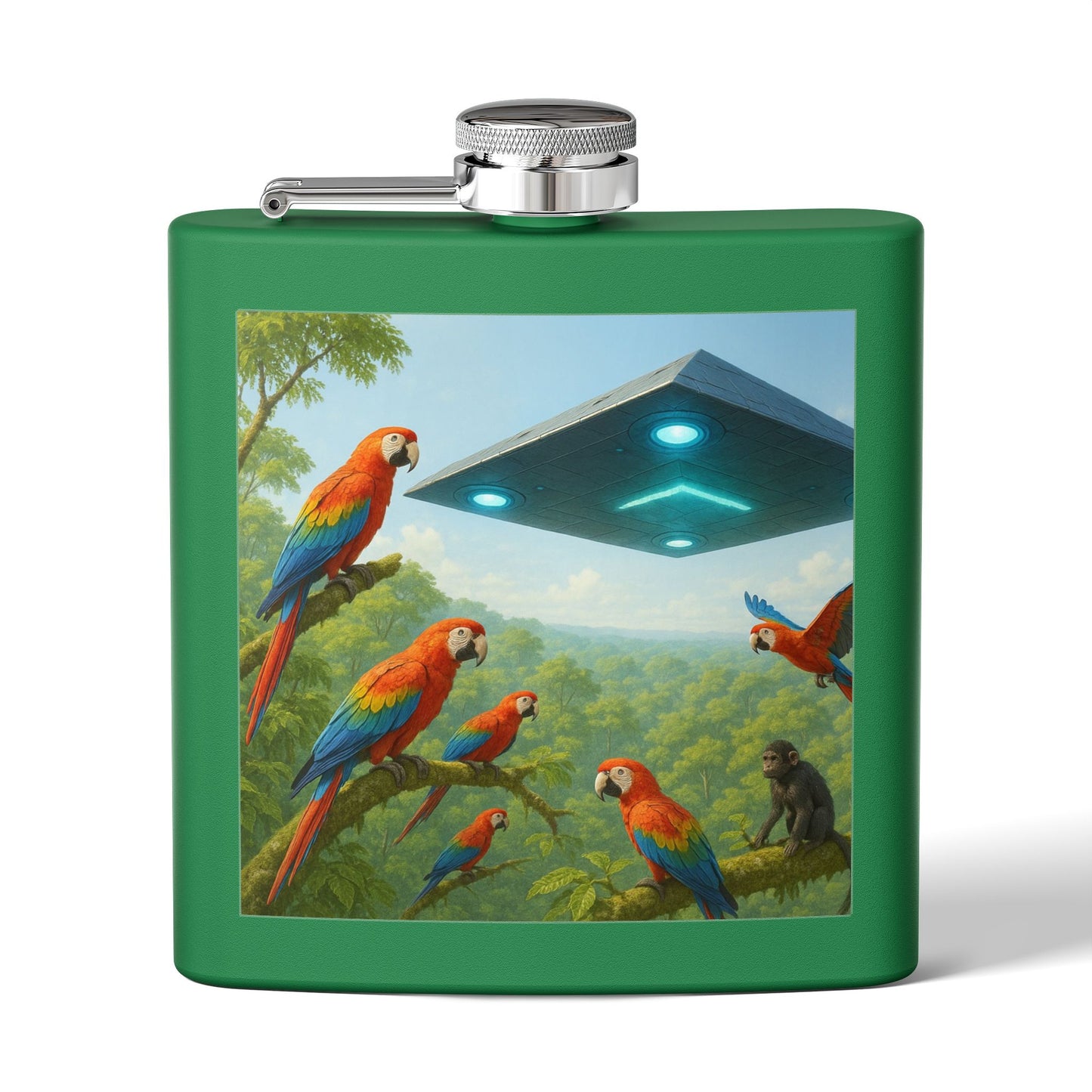 Tropical Stainless Steel 6 oz. Flask, Many Colors  – UFO and Macaws