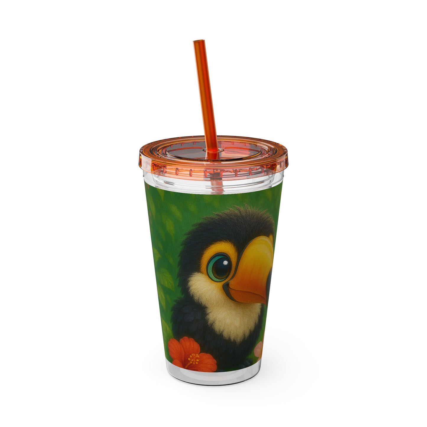 Tropical Tumbler with Straw | 16oz Colorful Travel Cup / Baby Toucans