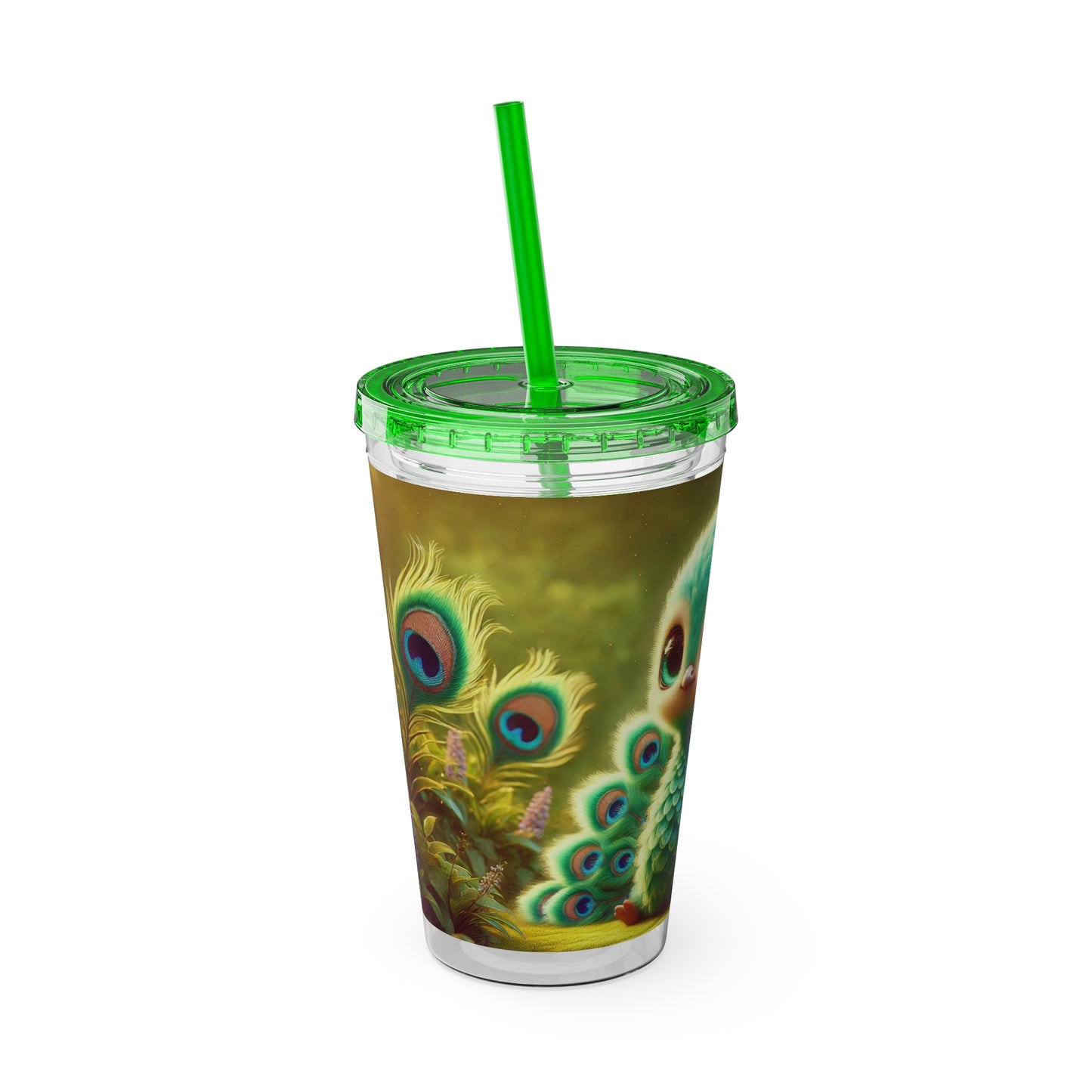 Tropical Tumbler with Straw | 16oz Colorful Travel Cup / Baby Peacock