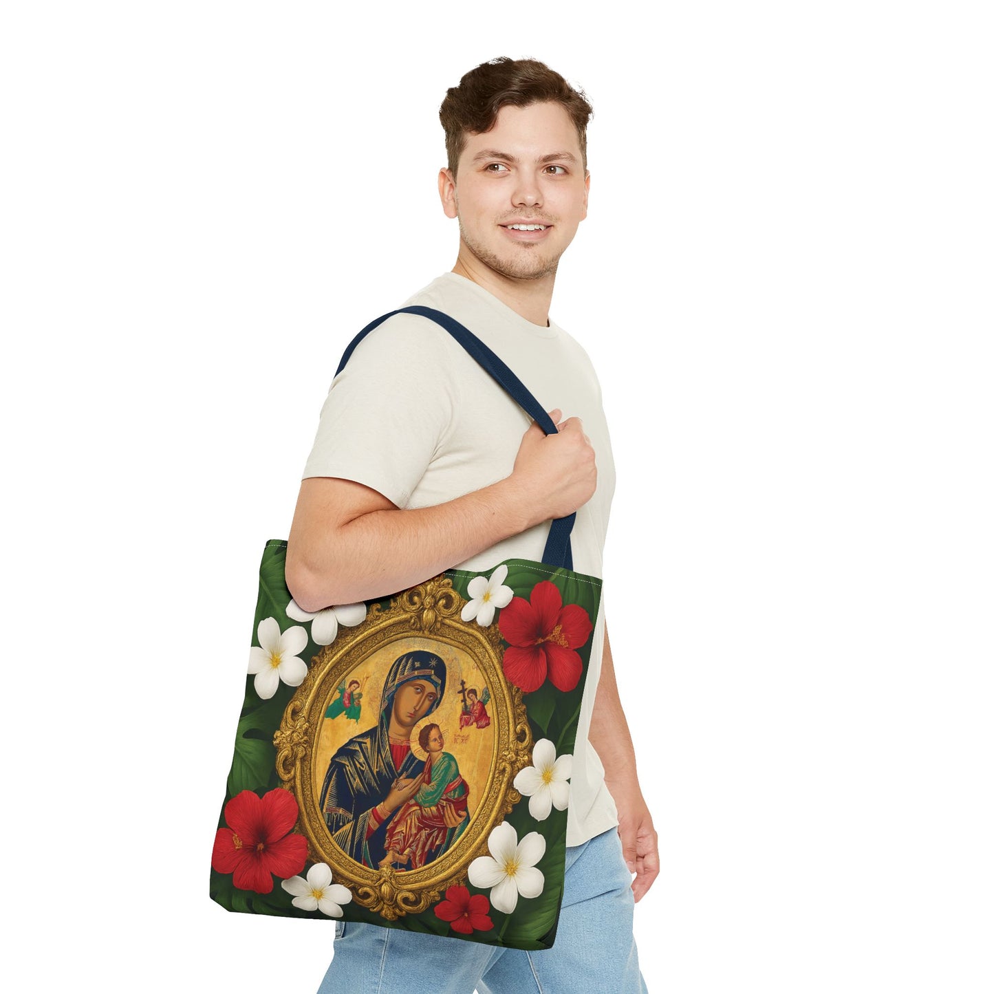 Religious Art Polyester Tote Bag, 3 Sizes / Our Lady of Perpetual Help, Red Flowers