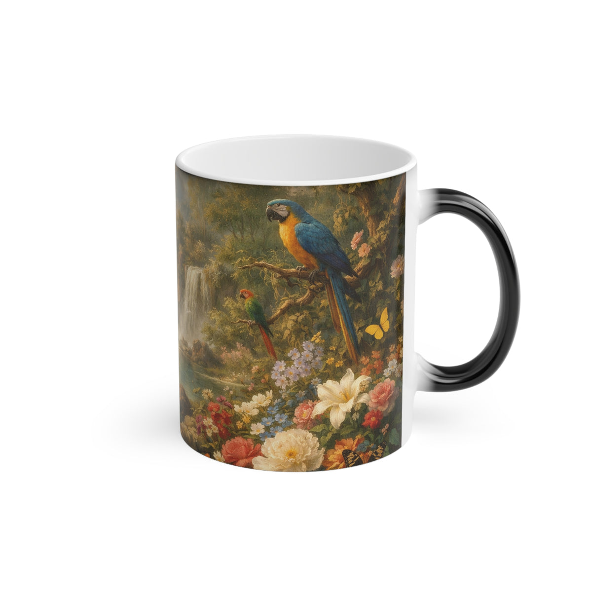 Heat-Activated Coffee Mug — Vintage Rainforest Waterfall Scene