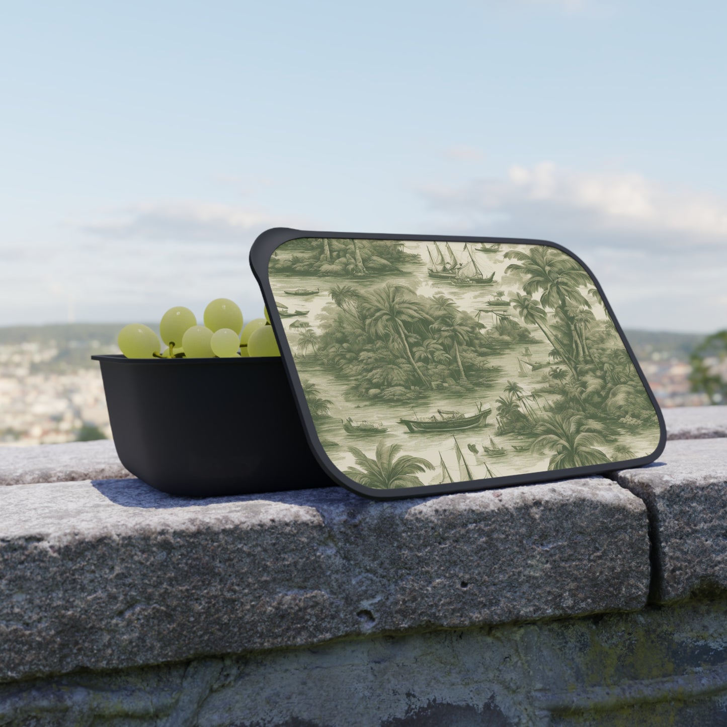 Bento Box with Utensils - Tropical Toile #1 green