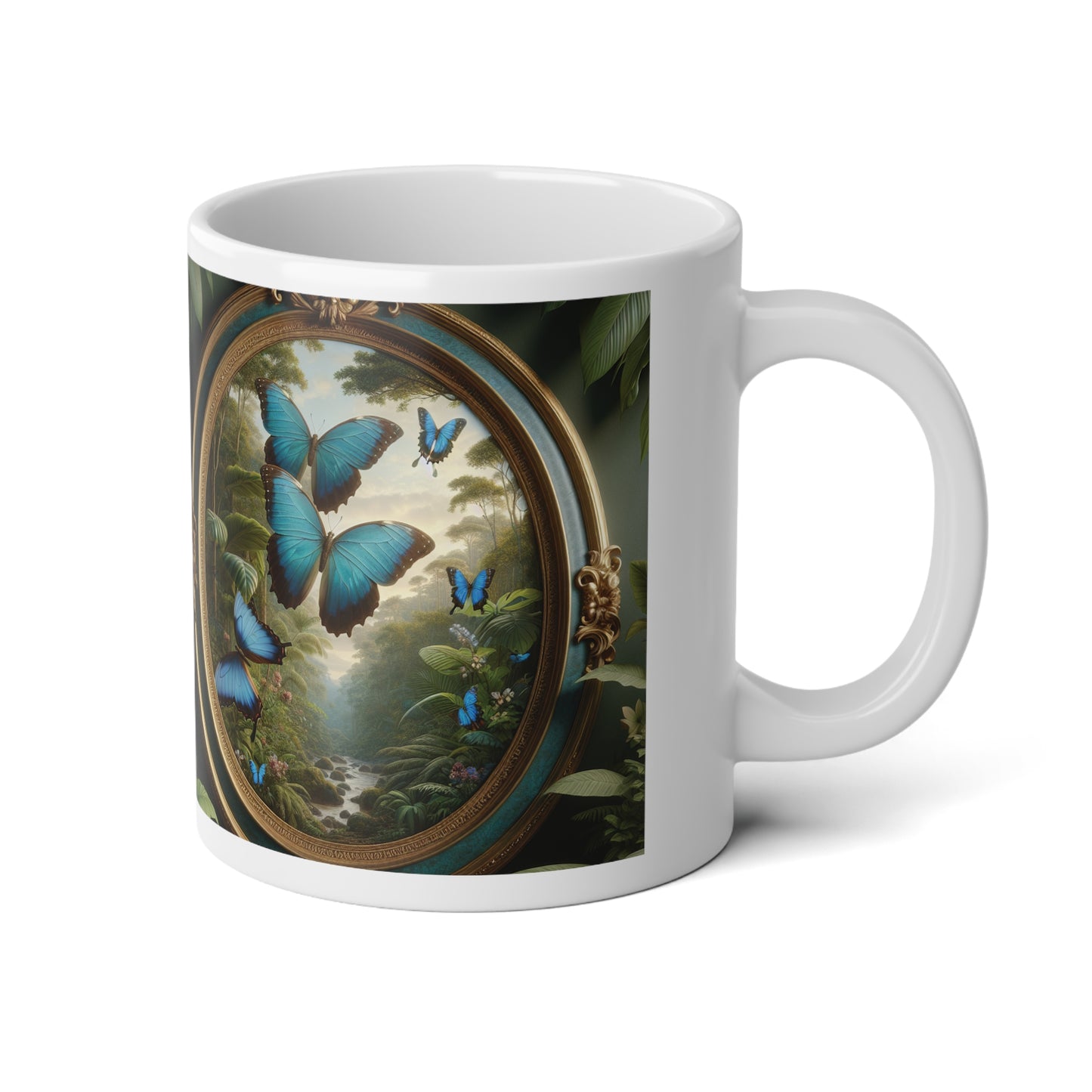 Jumbo Mug, 20oz, Framed Morpho Gathering | Tropical Coffee Cup