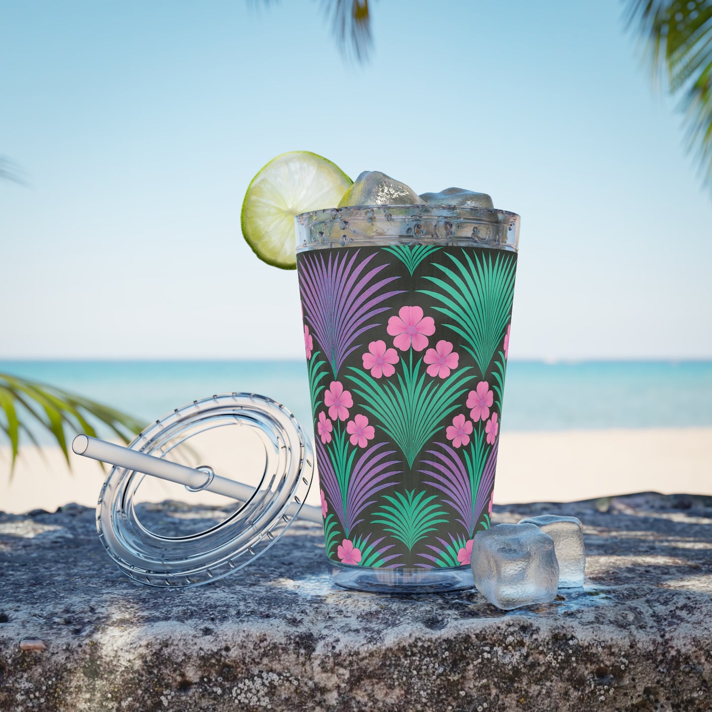 Tropical Tumbler with Straw | 16oz Colorful Travel Cup / Midnight Hibiscus Deco, Pink