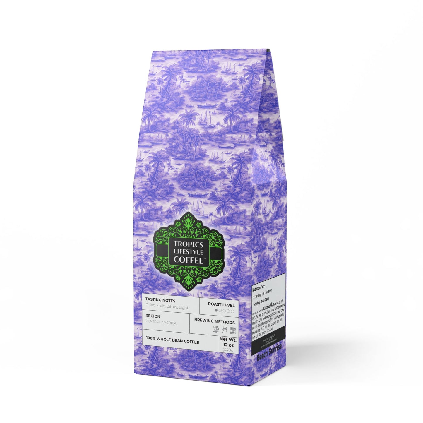 Beach Sunrise Blend™ (Light Roast) Specialty Grade Craft Coffee / Tropical Toile, Purple