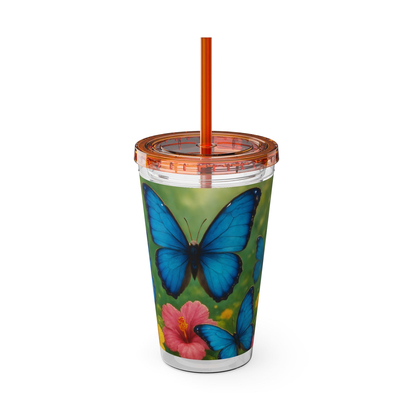 Tropical Tumbler with Straw | 16oz Colorful Travel Cup / Morpho Butterflies Flight