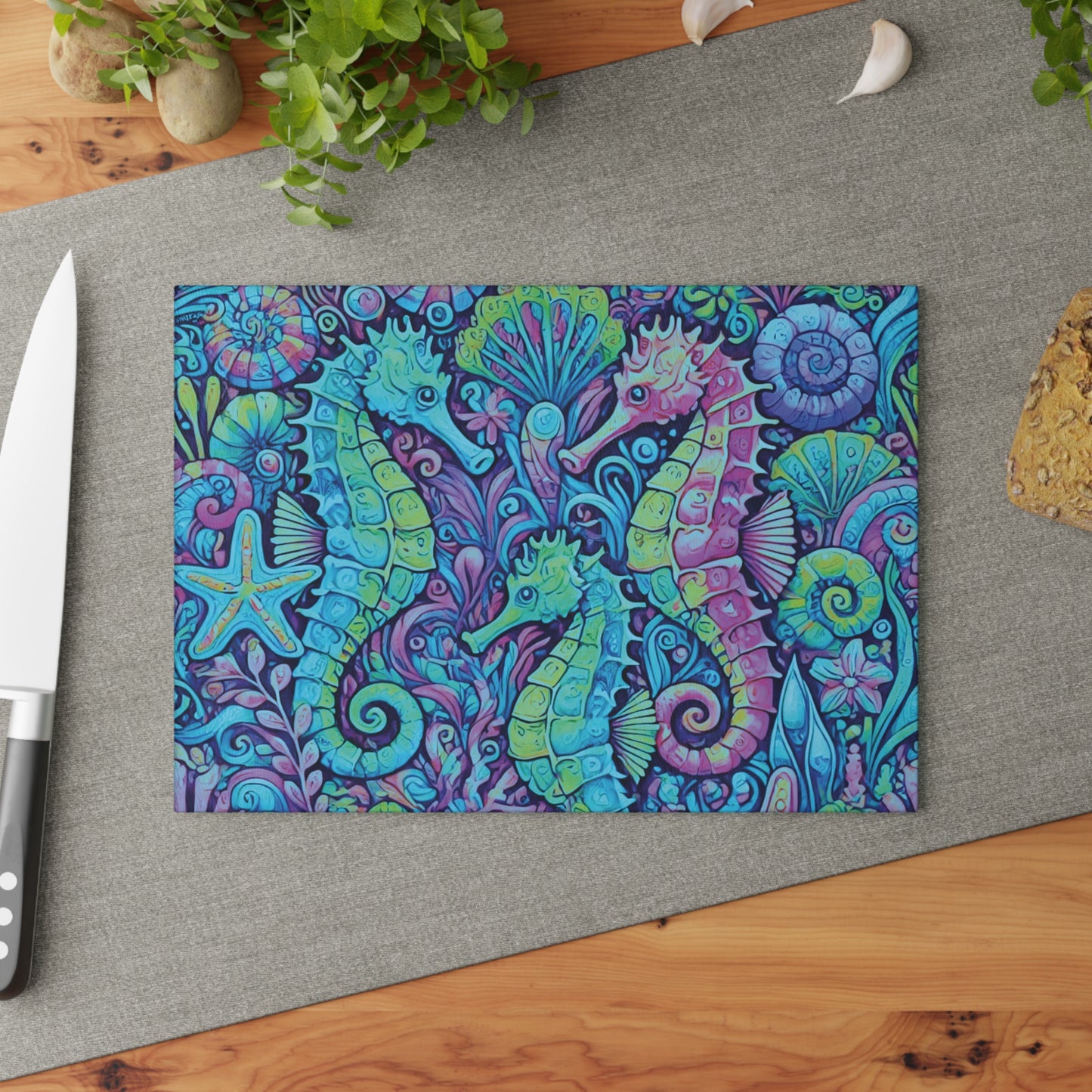 Glass Cutting Board, 2 sizes - Seahorses Turquoise Pop