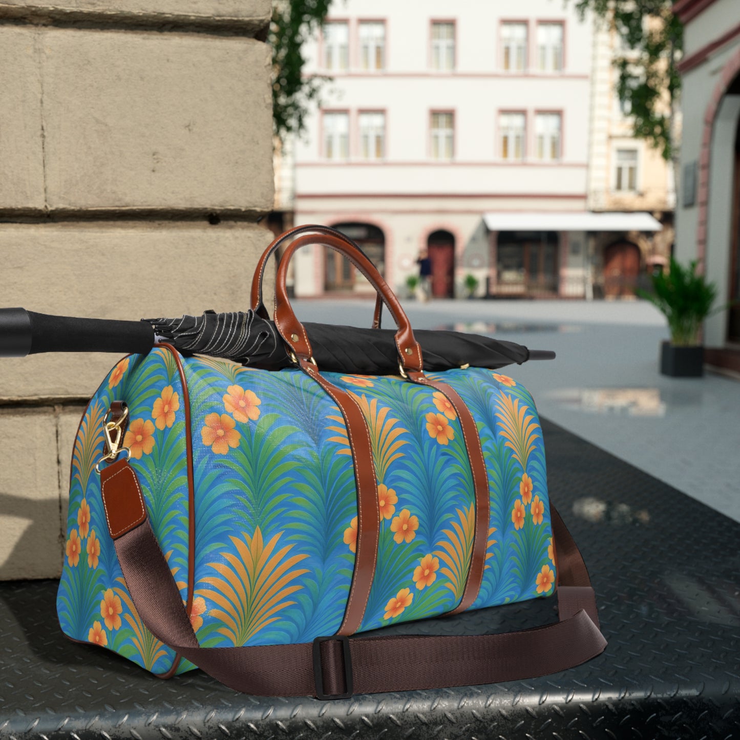 Tropical Waterproof Travel Bag - Perfect for Beach Getaways / Sunrise Palms, Blue