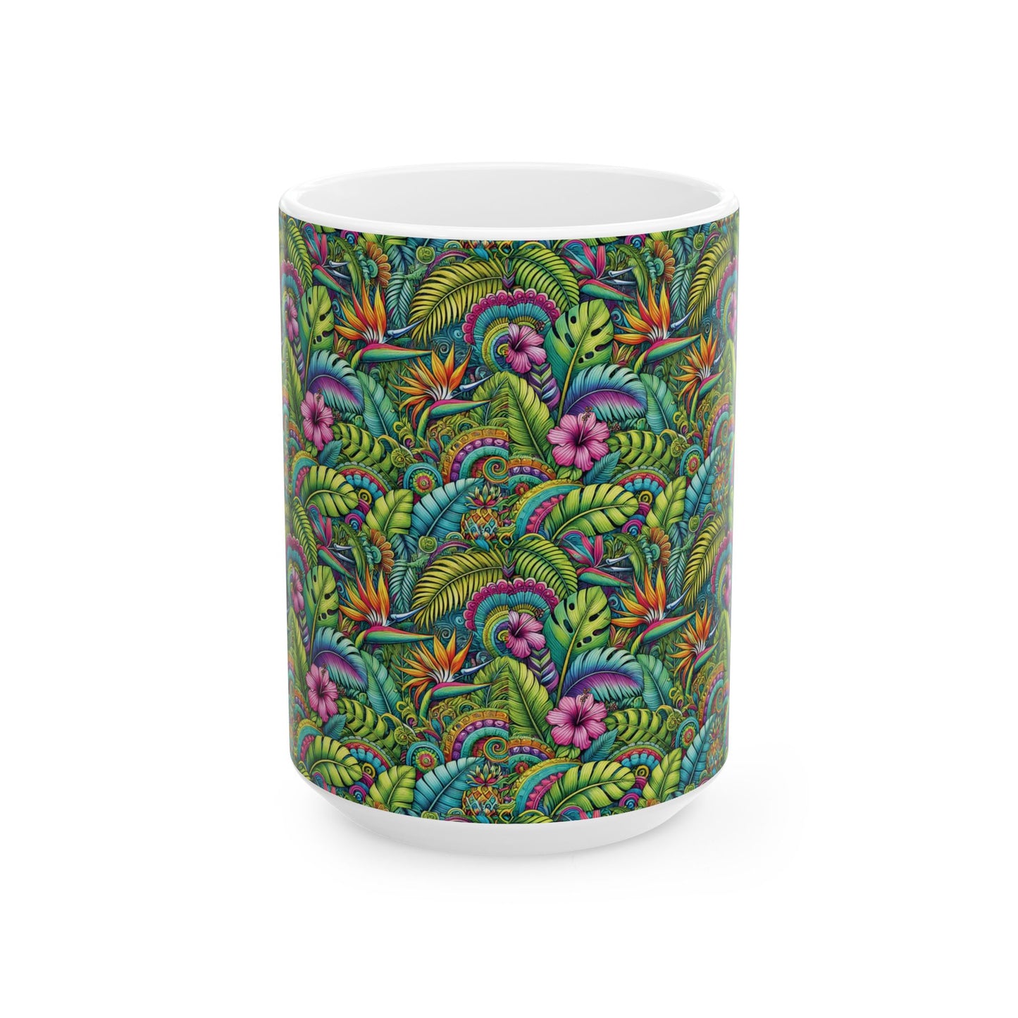 Ceramic White Mug - 11oz & 15oz, Rainforest Blooms