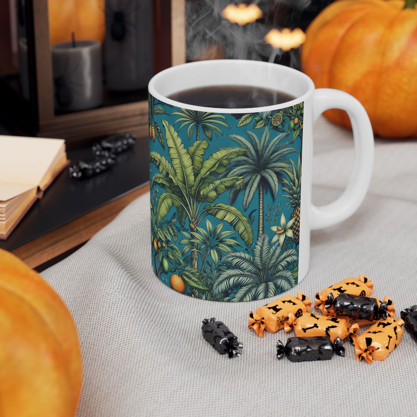 Ceramic White Mug - 11oz & 15oz, Tropical Fruit Blue
