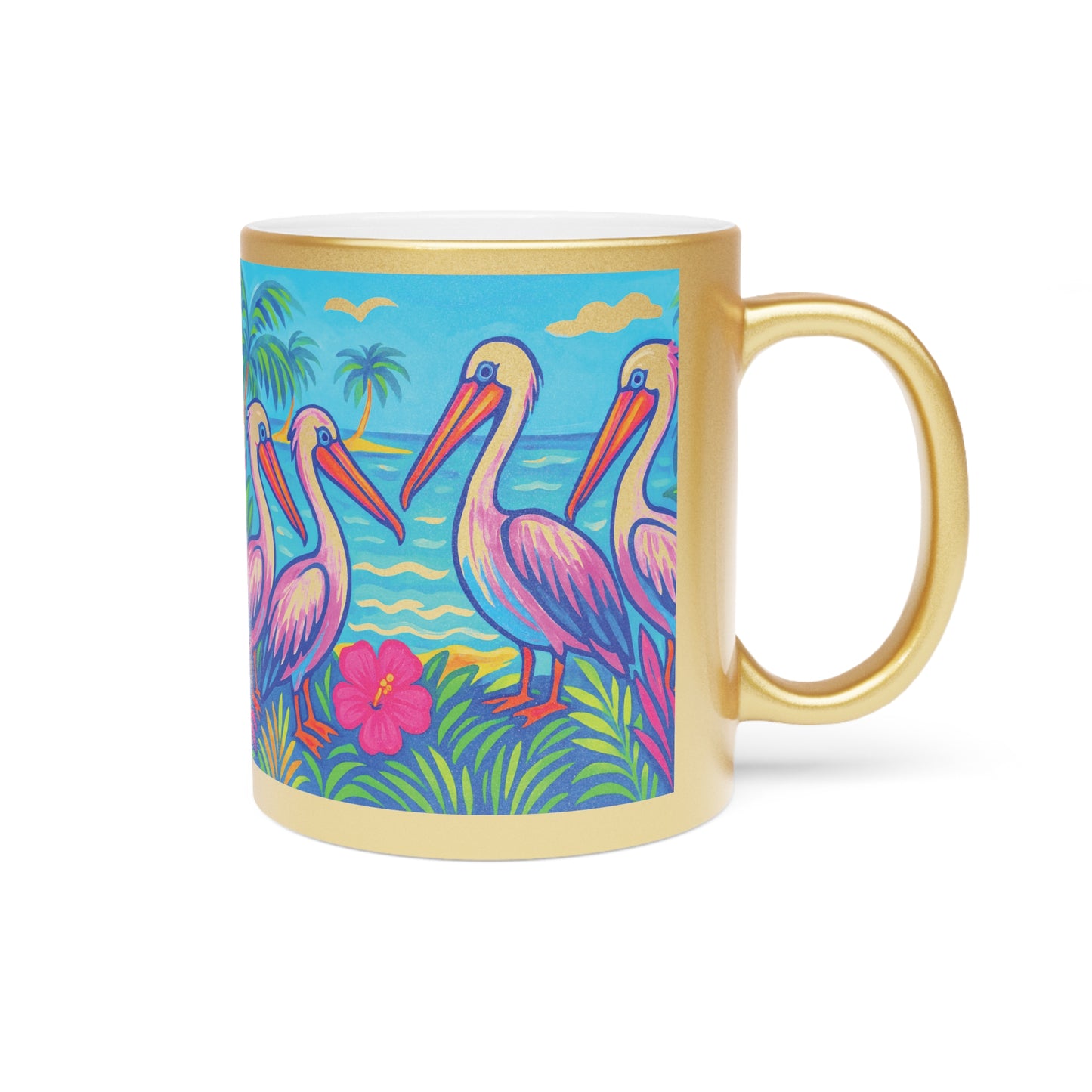 Tropical Metallic Mug, Gold or Silver: Beach Pelicans